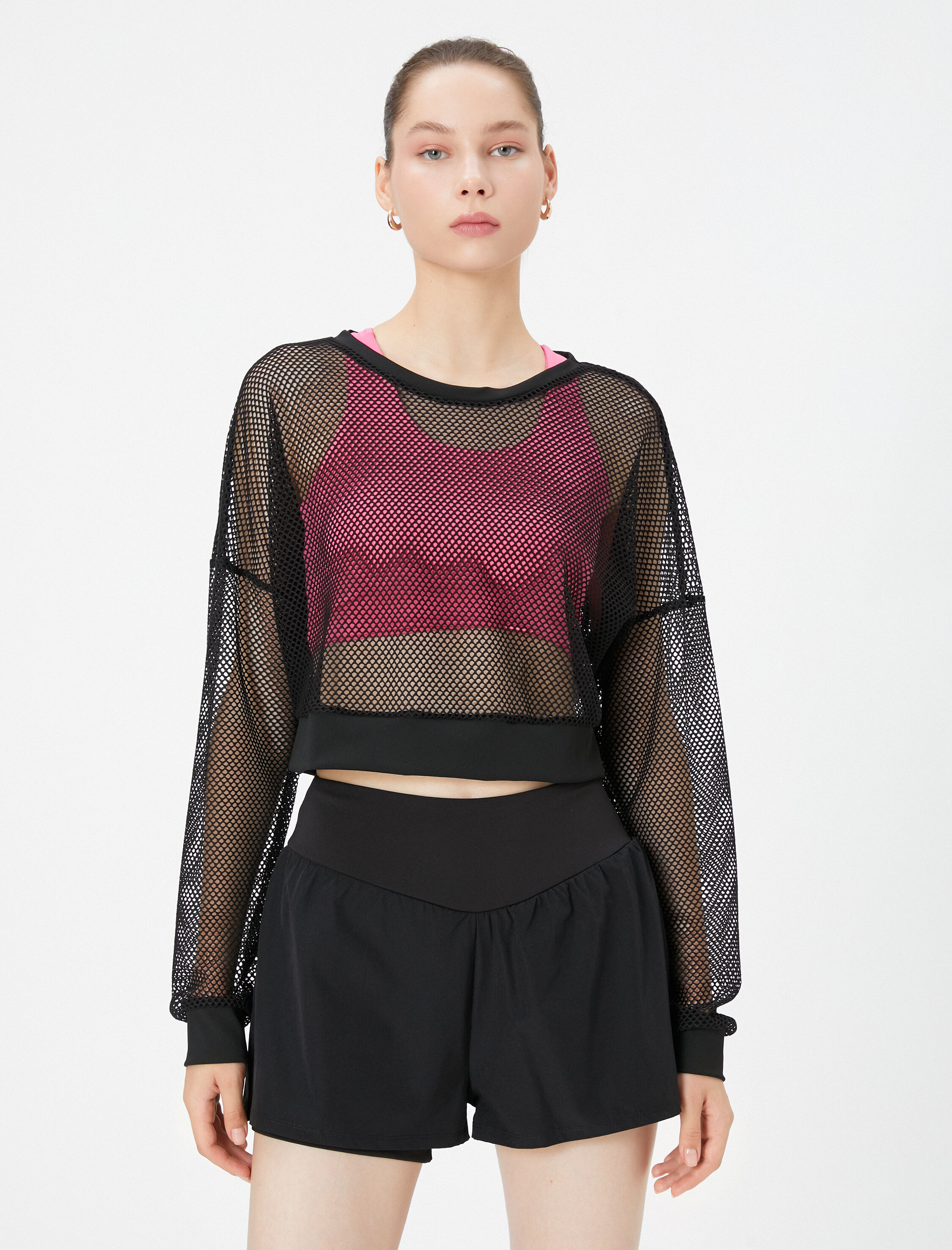   Spor File Tişört Crop Bisiklet Yaka Uzun Kollu