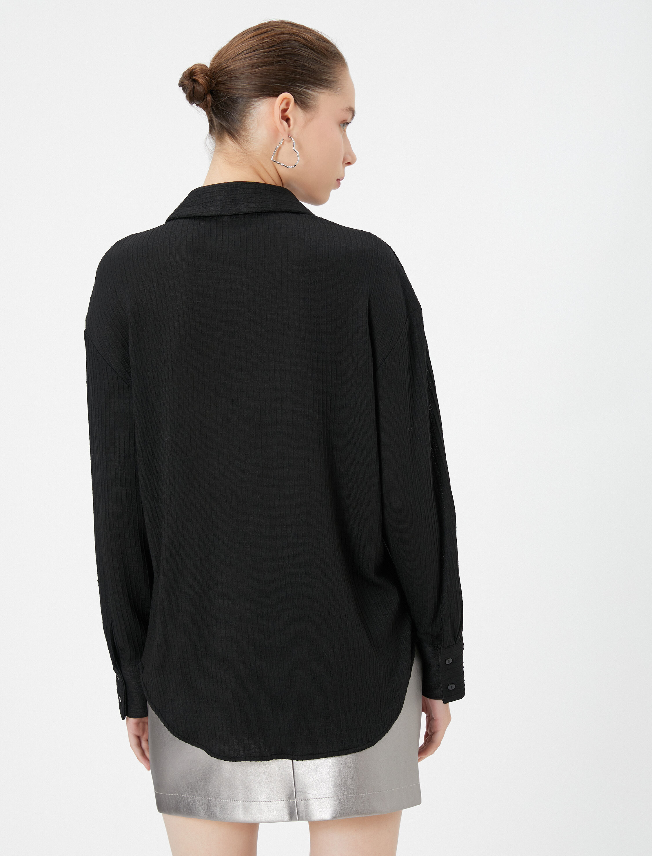   Basic Bluz Uzun Kollu Gömlek Yaka Düğme Kapamalı Dokulu