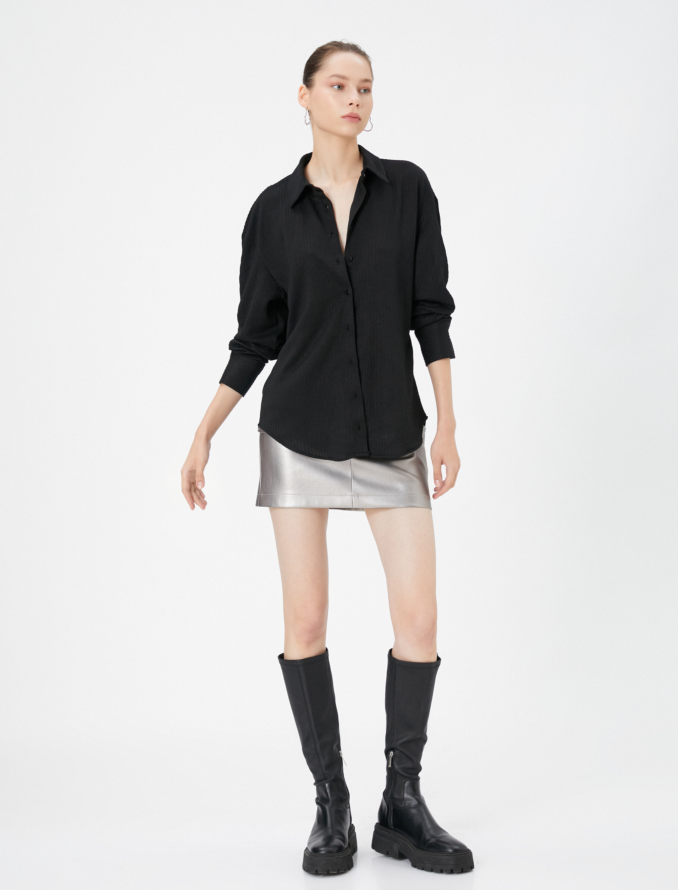   Basic Bluz Uzun Kollu Gömlek Yaka Düğme Kapamalı Dokulu