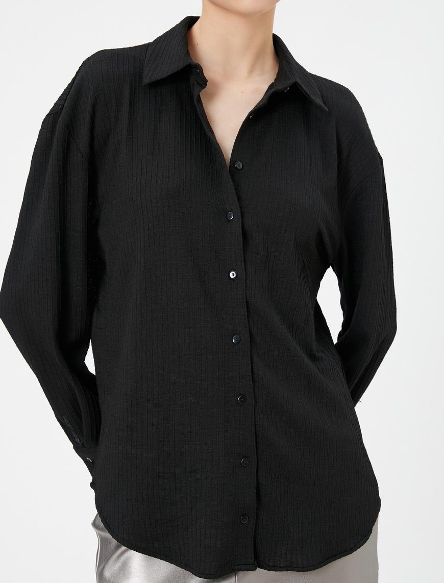   Basic Bluz Uzun Kollu Gömlek Yaka Düğme Kapamalı Dokulu