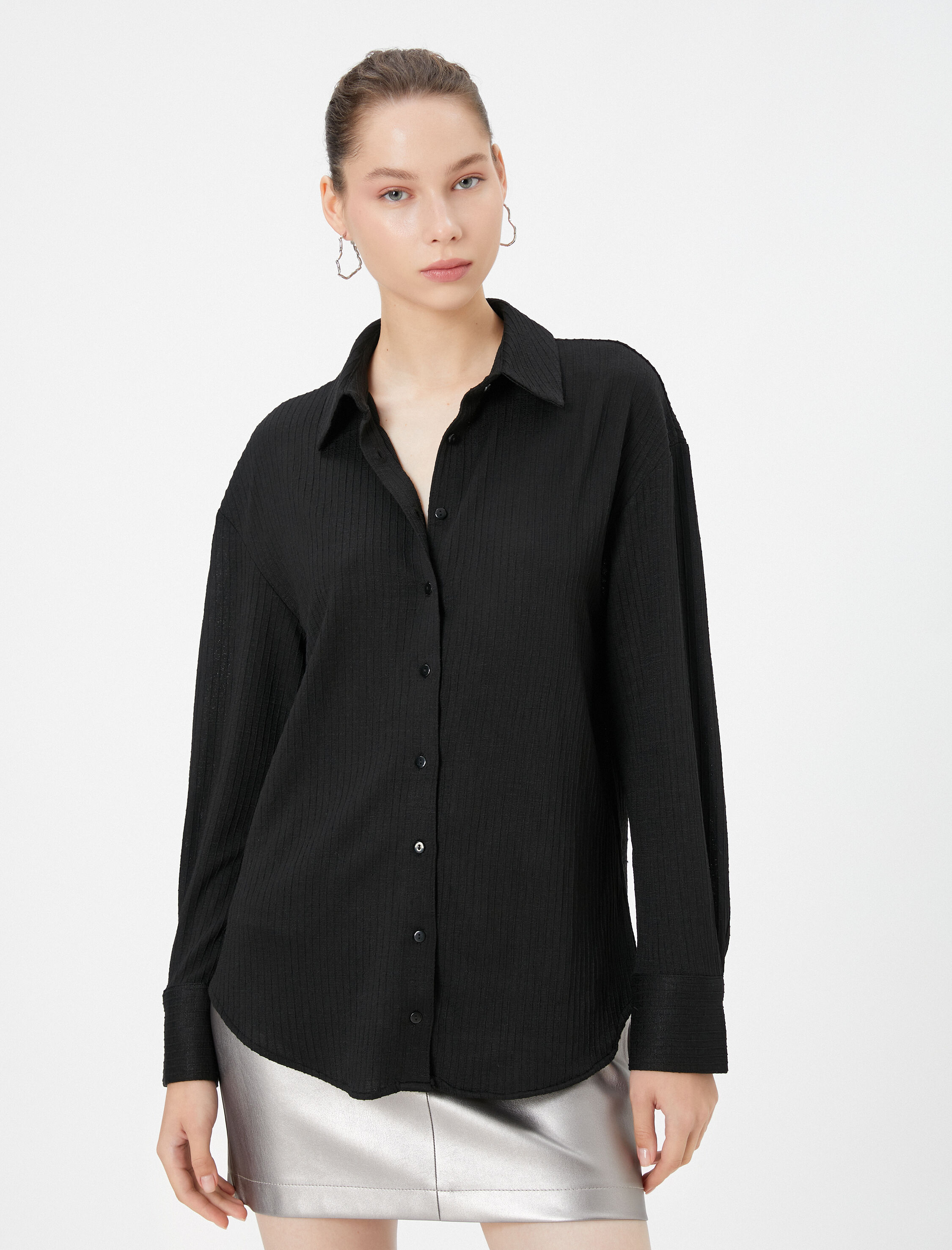   Basic Bluz Uzun Kollu Gömlek Yaka Düğme Kapamalı Dokulu