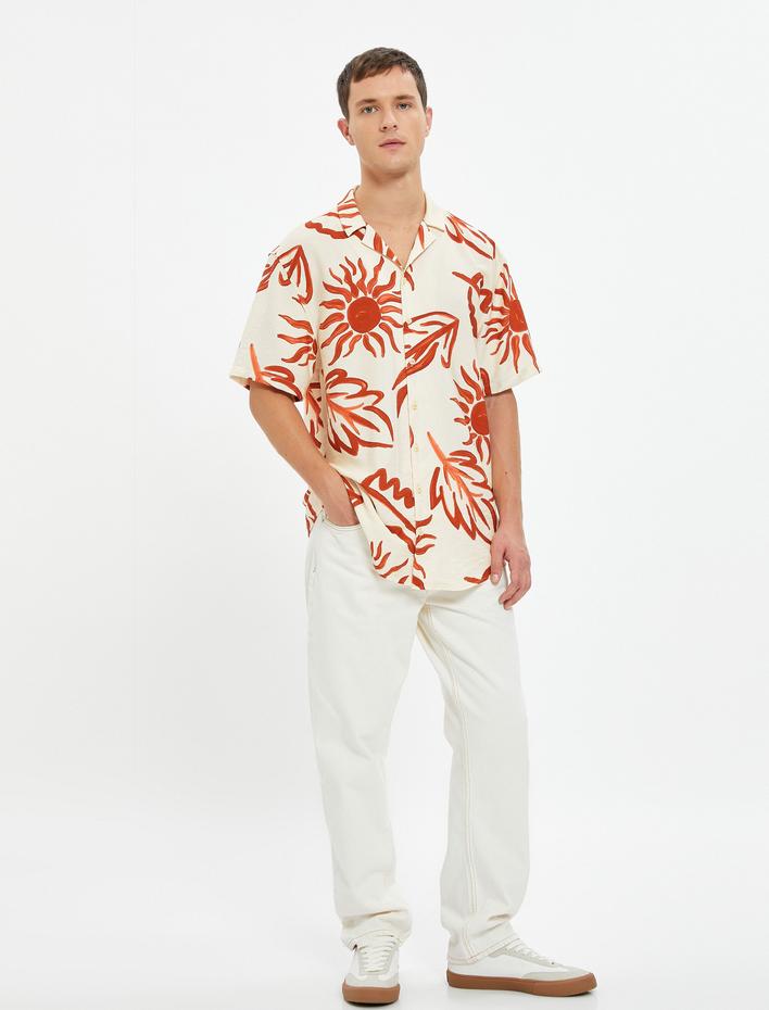  Yazlık Gömlek Kısa Kollu Devrik Yaka Yaprak Detaylı