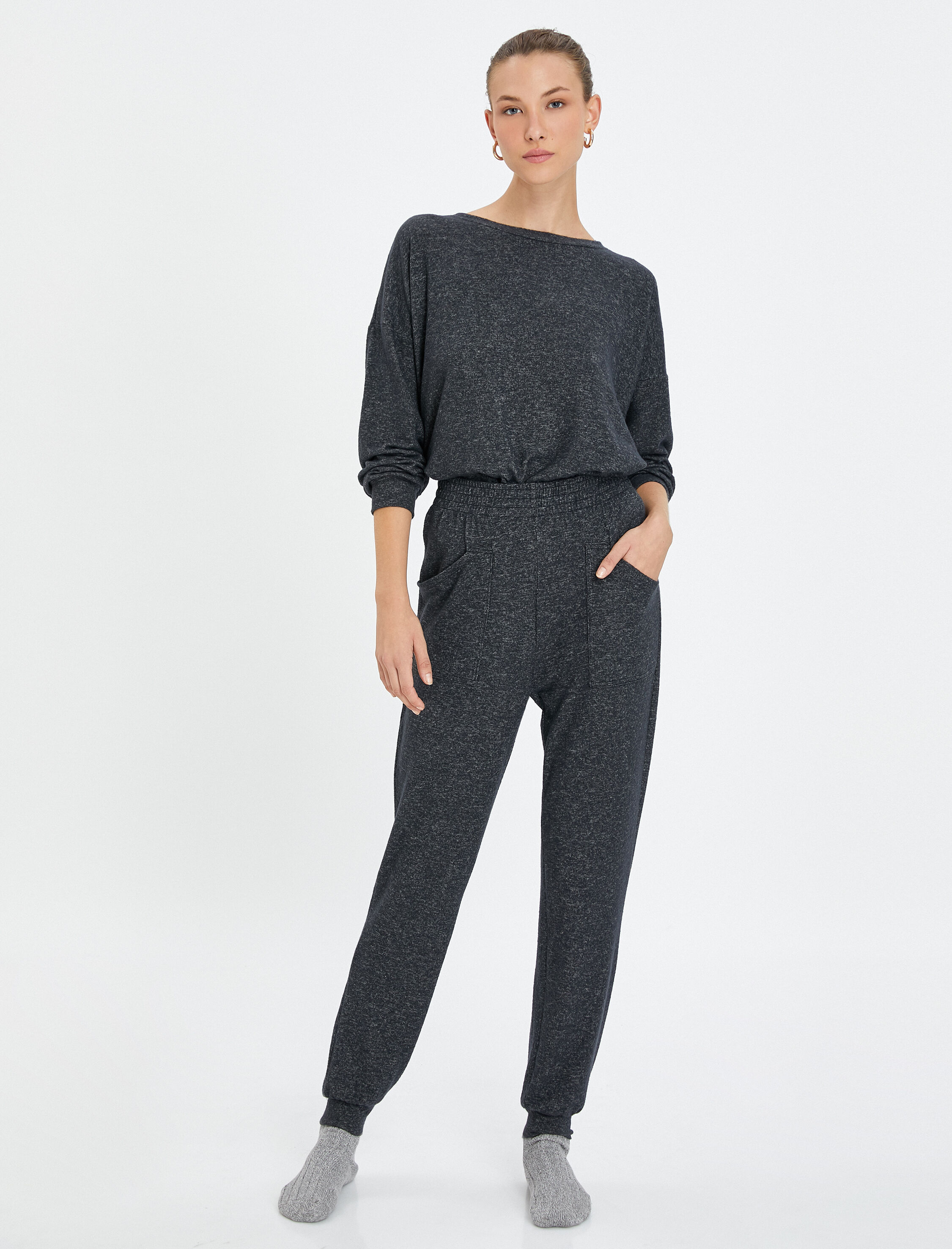   Jogger Pijama Altı Beli ve Paçası Lastikli Viskon Karışımlı