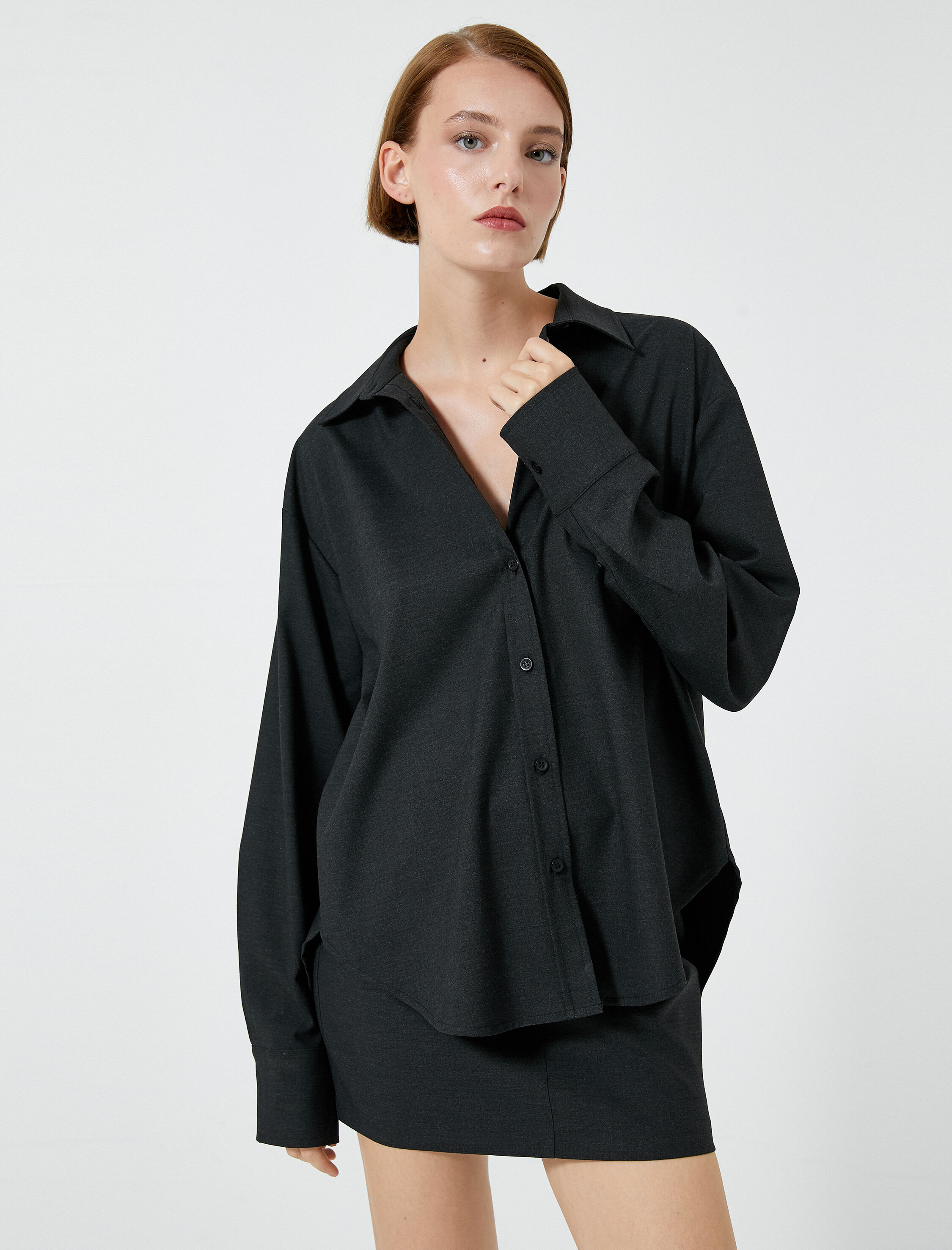   Oversize Gömlek Uzun Kollu Düğmeli Viskon Karışımlı