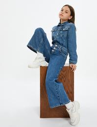 Bol Paça Kot Pantolon Düğme Kapamalı Cepli Pamuklu