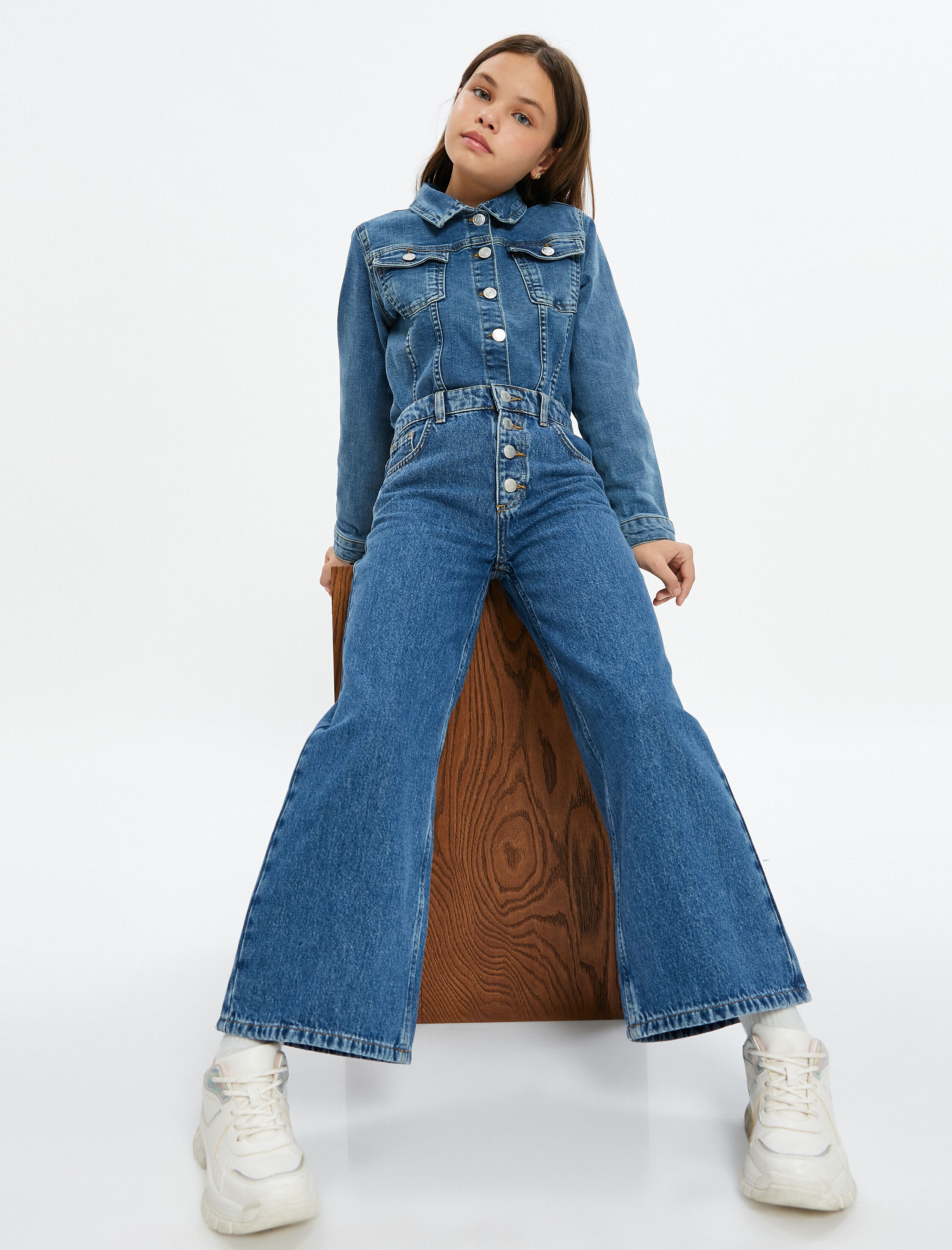  Kız Çocuk Bol Paça Kot Pantolon Düğme Kapamalı Cepli Pamuklu