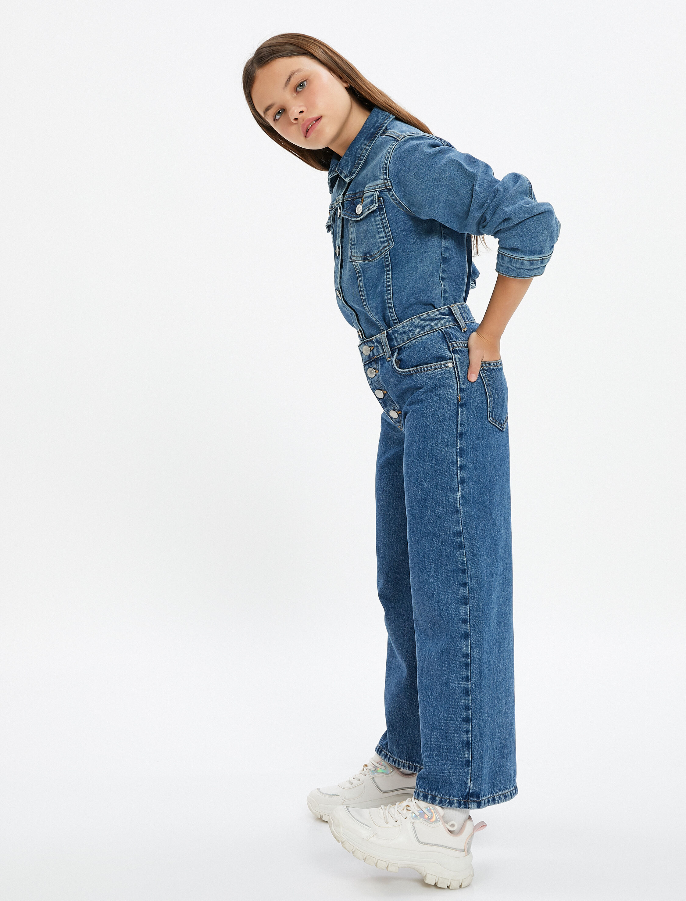  Kız Çocuk Bol Paça Kot Pantolon Düğme Kapamalı Cepli Pamuklu