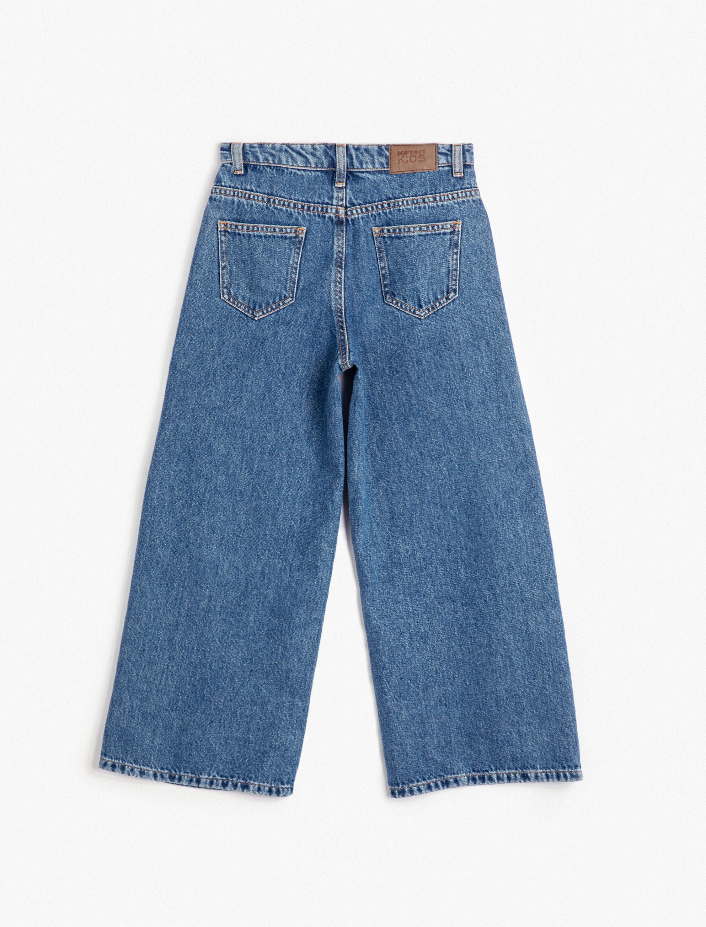  Kız Çocuk Bol Paça Kot Pantolon Düğme Kapamalı Cepli Pamuklu