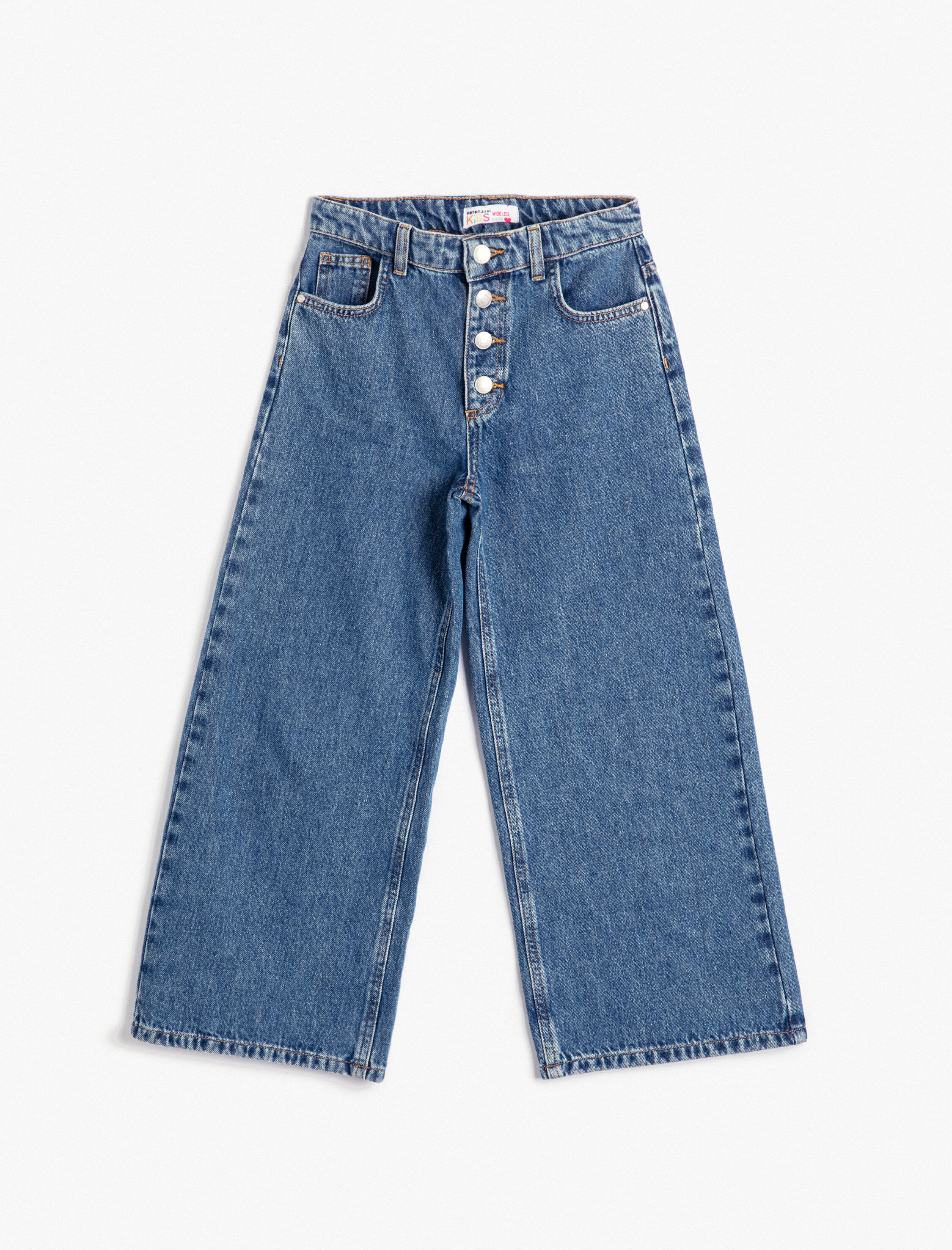  Kız Çocuk Bol Paça Kot Pantolon Düğme Kapamalı Cepli Pamuklu