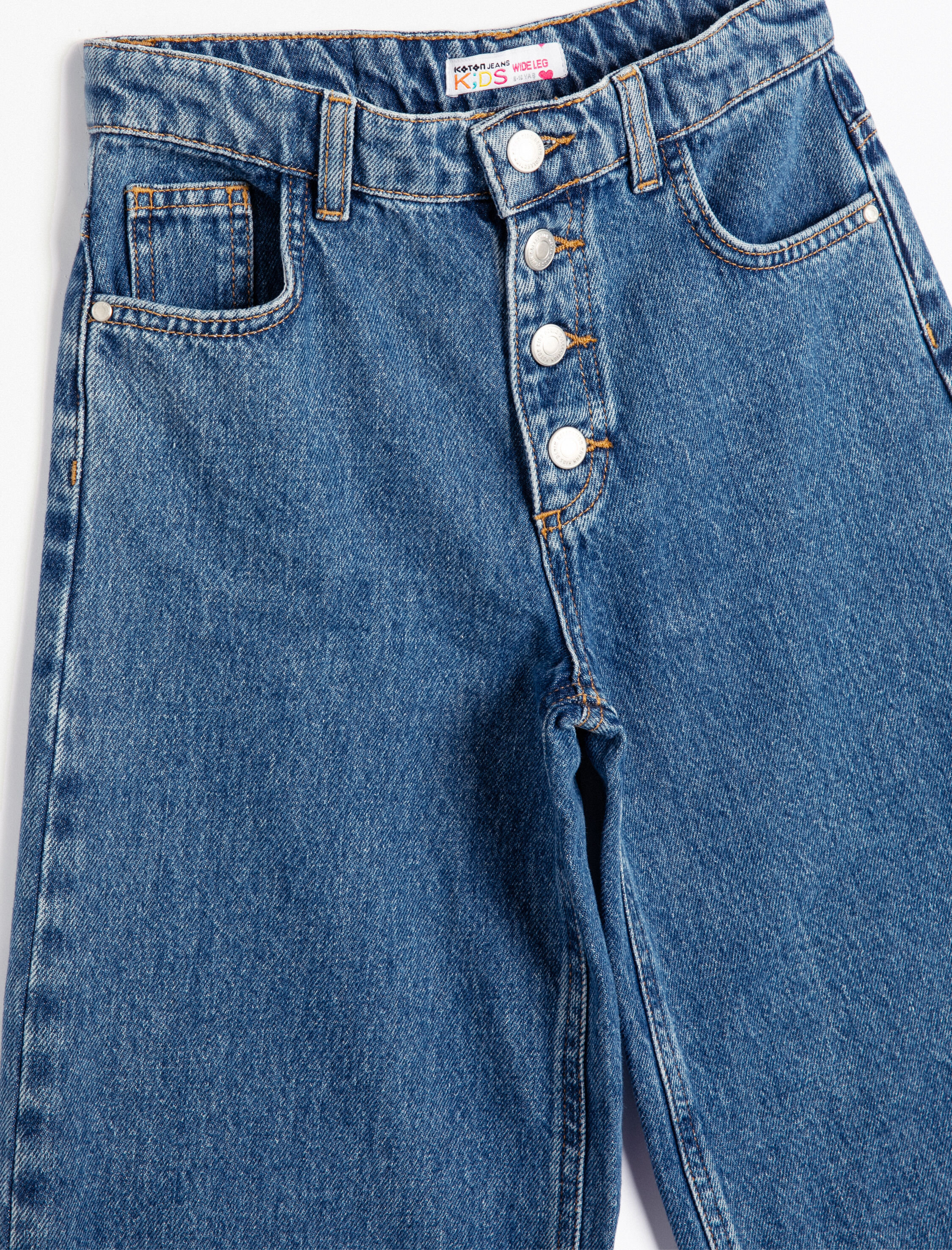  Kız Çocuk Bol Paça Kot Pantolon Düğme Kapamalı Cepli Pamuklu