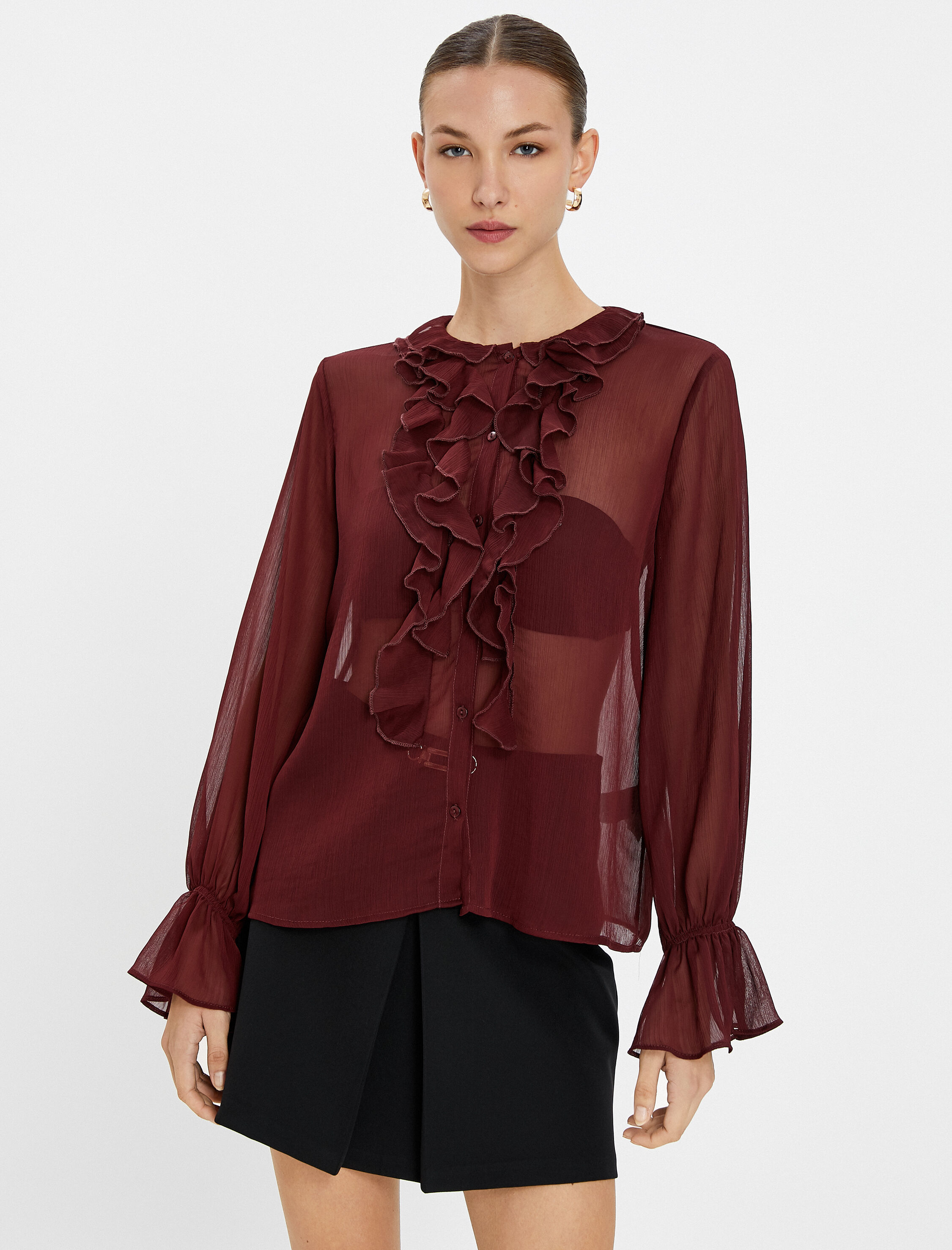   Şifon Gömlek Transparan Fırfırlı Düğmeli Bisiklet Yaka