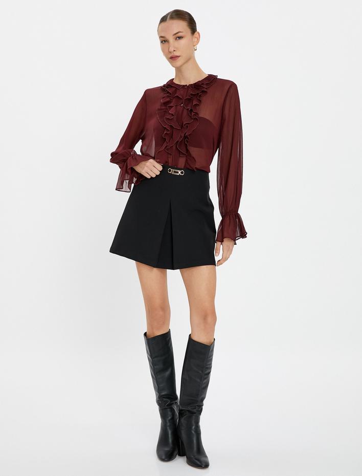  Şifon Gömlek Transparan Fırfırlı Düğmeli Bisiklet Yaka