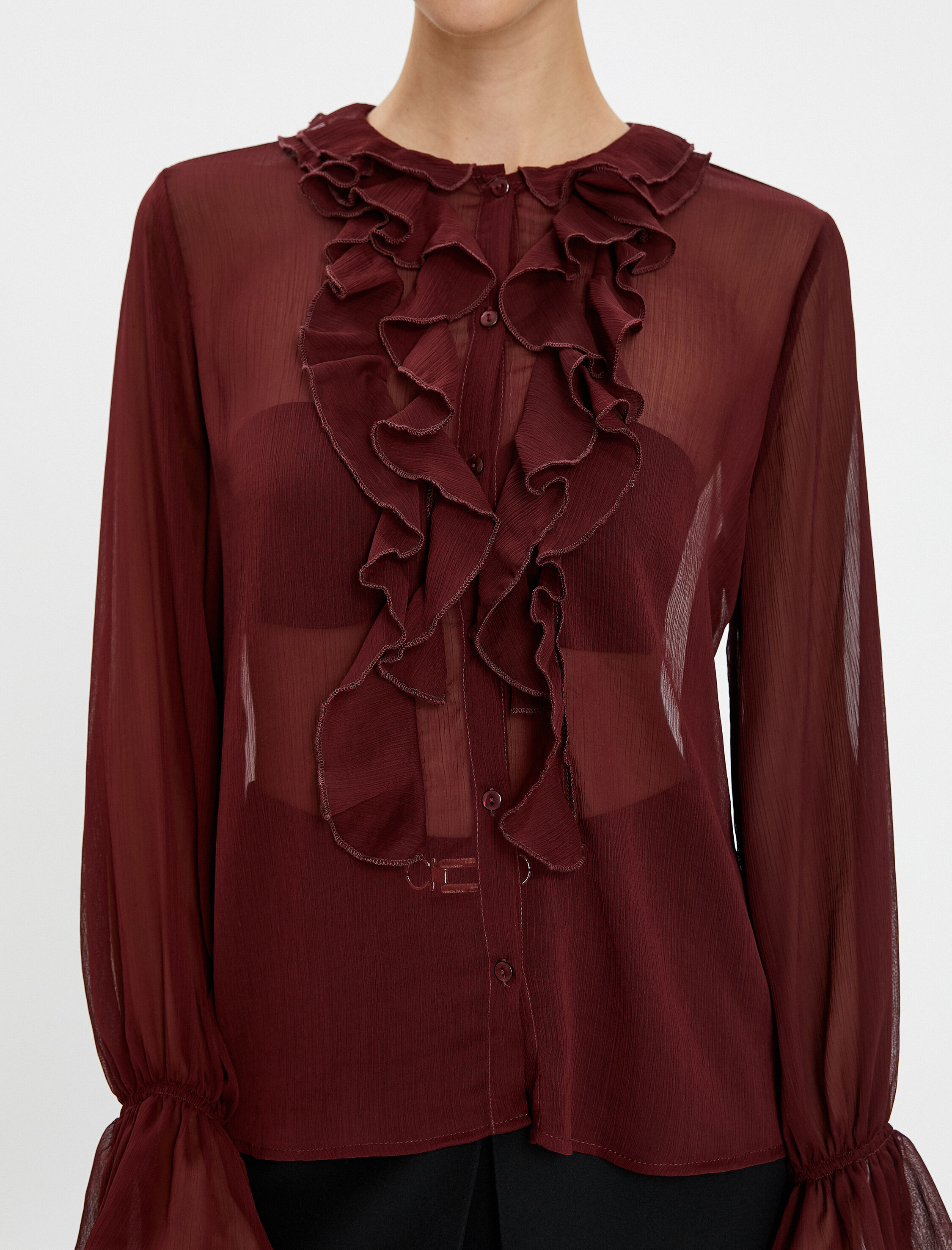   Şifon Gömlek Transparan Fırfırlı Düğmeli Bisiklet Yaka