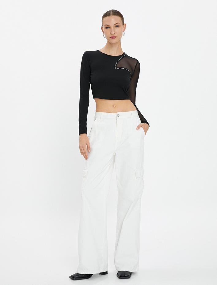  Crop Tişört Transparan Tül Detaylı Parlak Taş İşlemeli