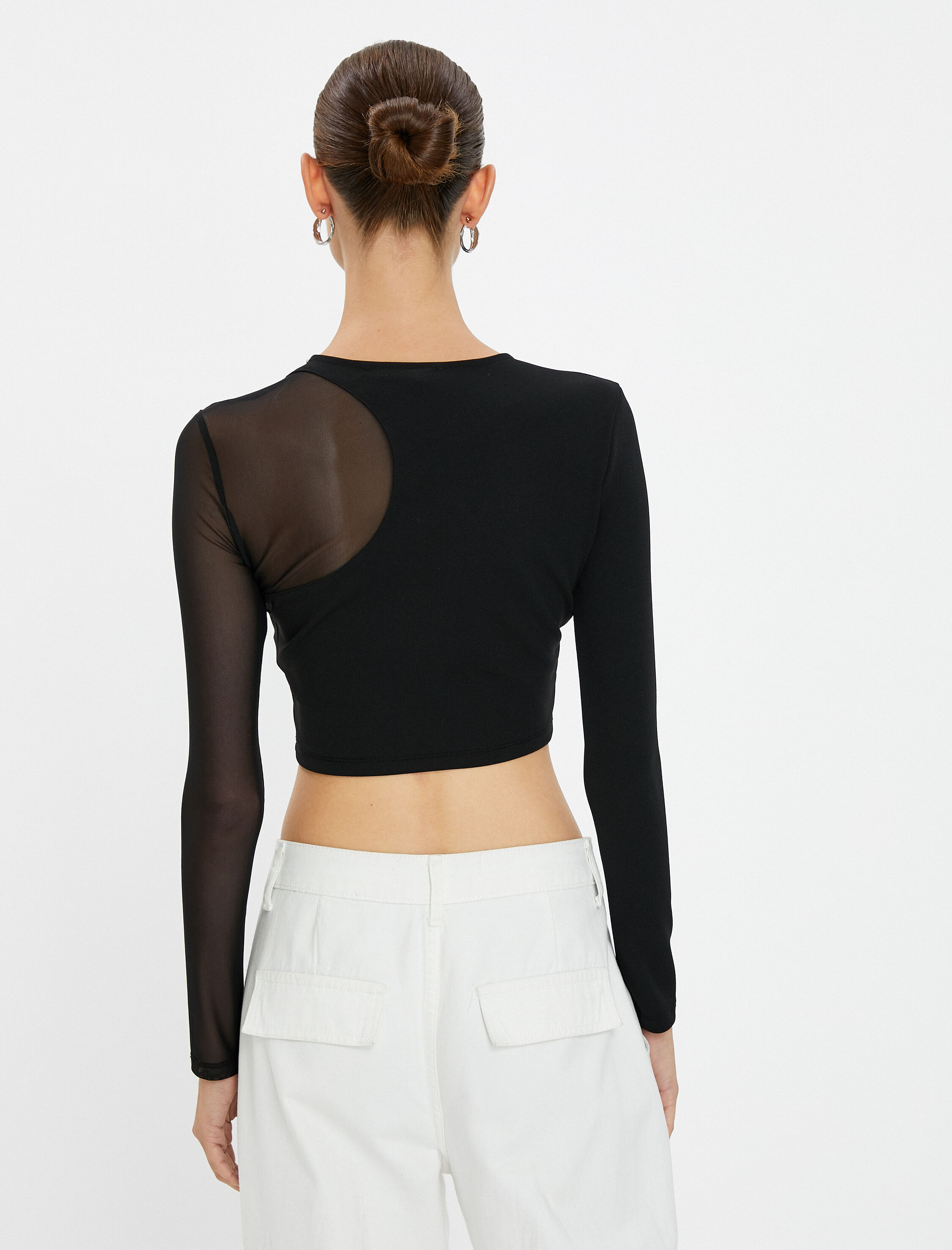   Crop Tişört Transparan Tül Detaylı Parlak Taş İşlemeli