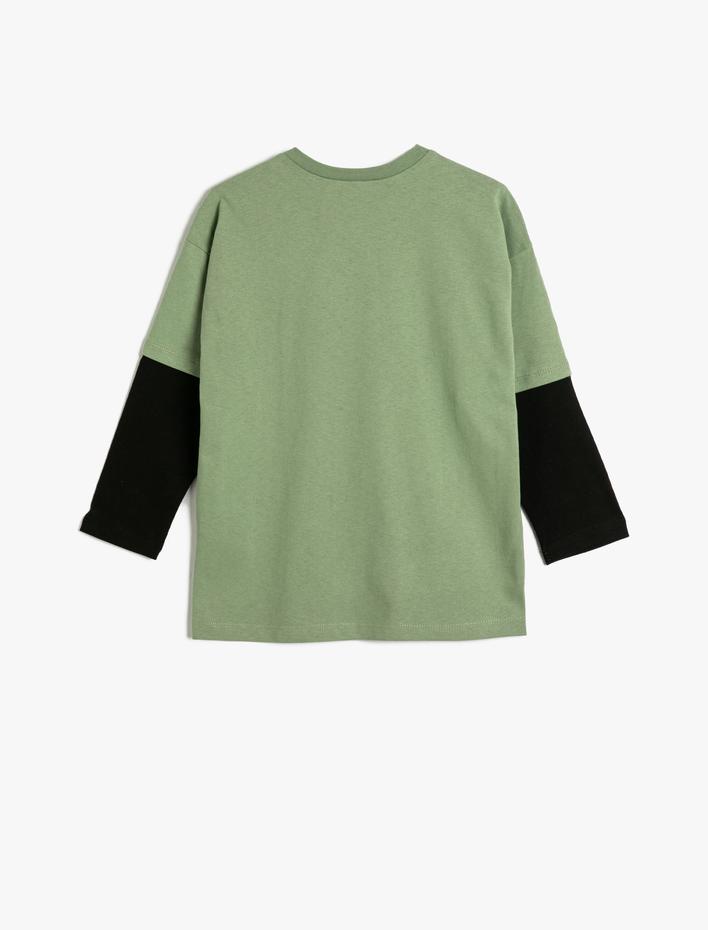 Erkek Çocuk Tişört Uzun Kollu Bisiklet Yaka Yazı Baskılı Renk Bloklu Pamuklu