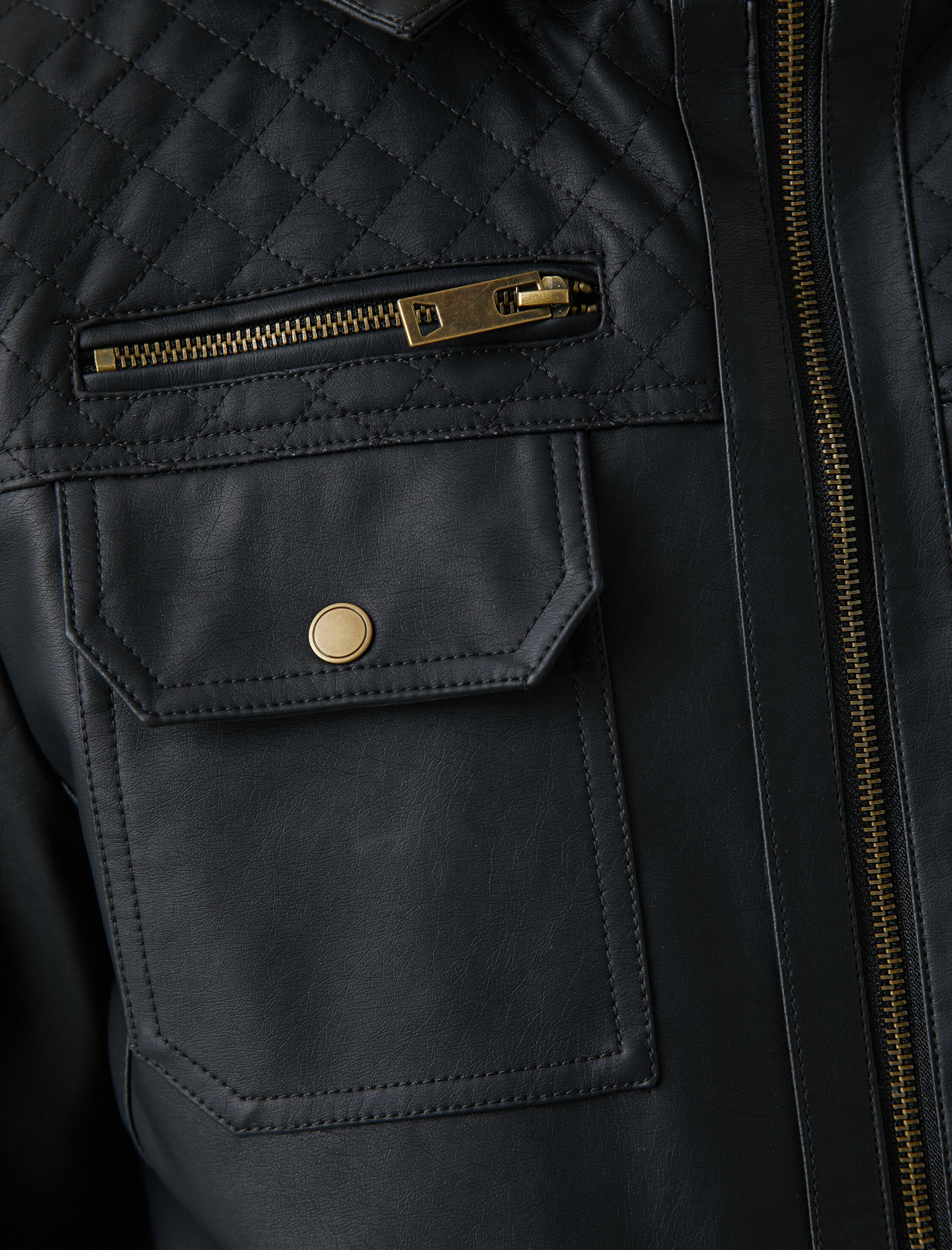   Dik Yaka Fermuarlı Suni Deri Mont