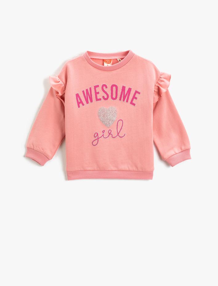 Kız Bebek Fırfır Detaylı Baskılı Sweatshirt Yumuşak Dokulu Uzun Kollu Yuvarlak Yaka
