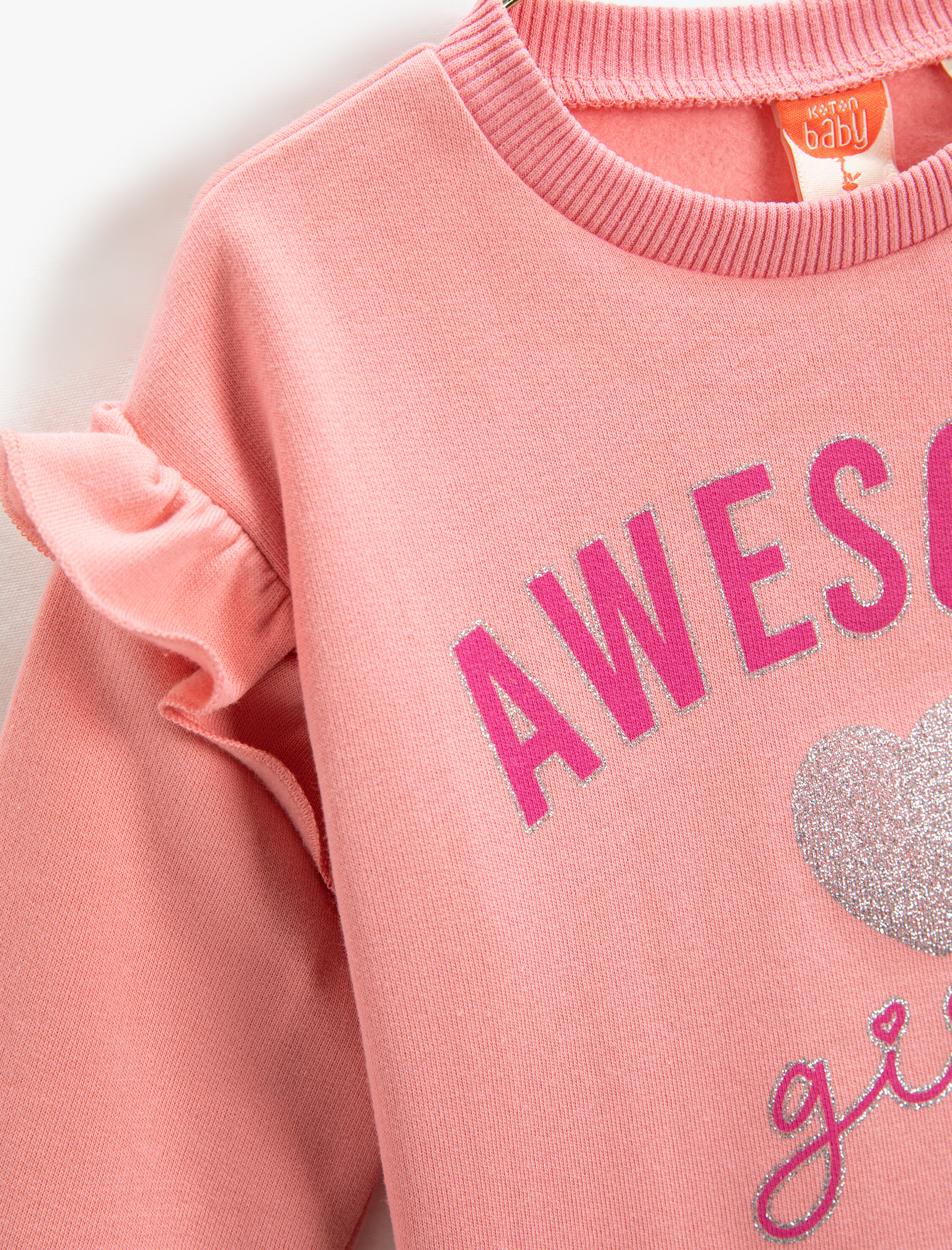  Kız Bebek Fırfır Detaylı Baskılı Sweatshirt Yumuşak Dokulu Uzun Kollu Yuvarlak Yaka