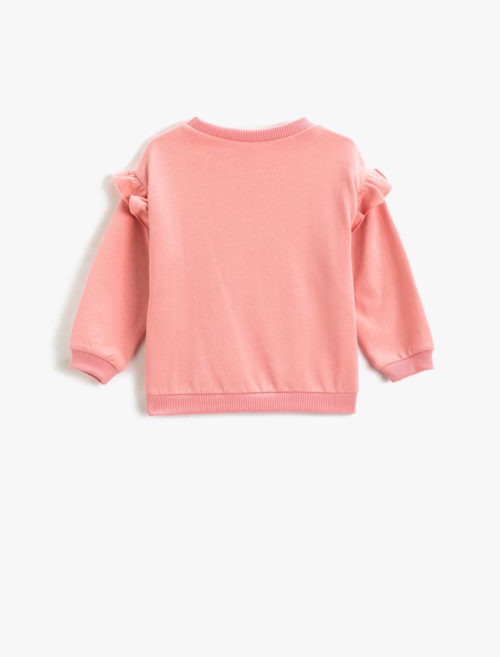 Kız Bebek Fırfır Detaylı Baskılı Sweatshirt Yumuşak Dokulu Uzun Kollu Yuvarlak Yaka
