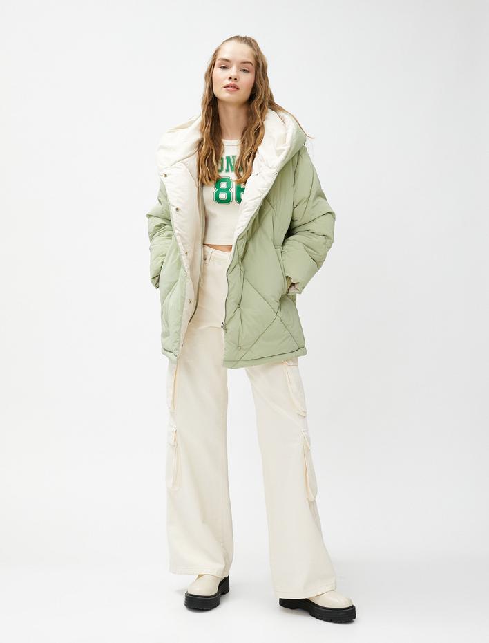  Oversize Şişme Mont Kapüşonlu Kapitoneli Cep Detaylı