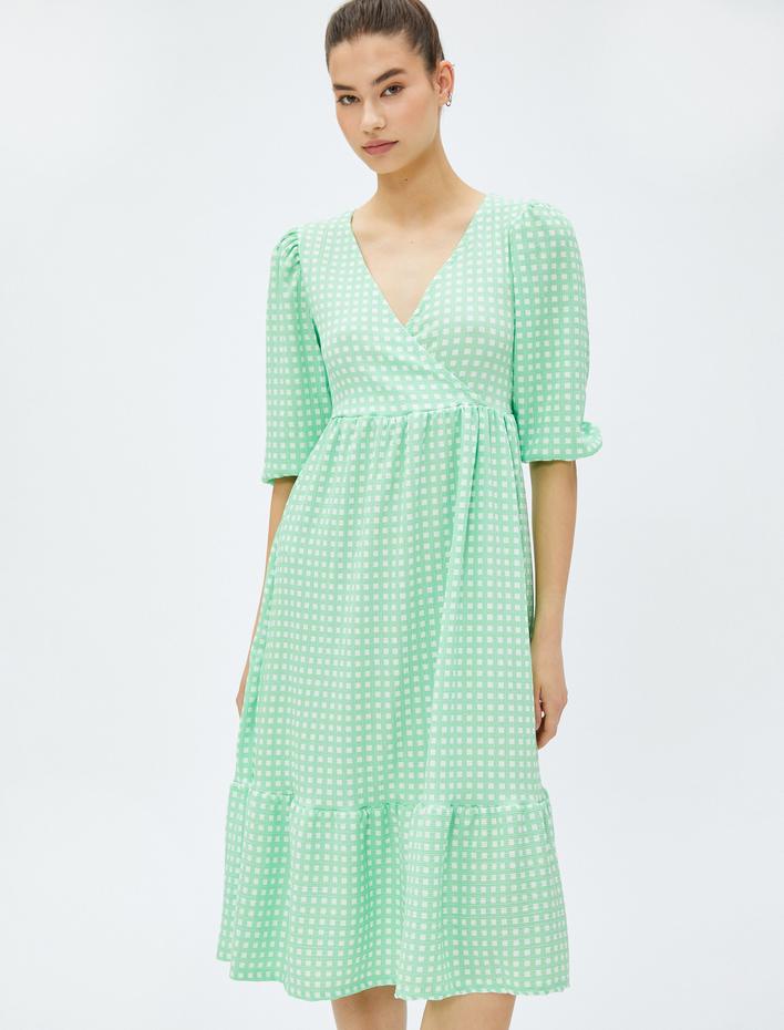  Midi Elbise Balon Kollu V Yaka Anvelop Fırfırlı