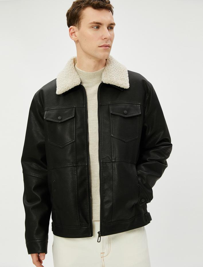  Deri Görünümlü Ceket Cepli Peluş Yaka Detaylı Fermuarlı