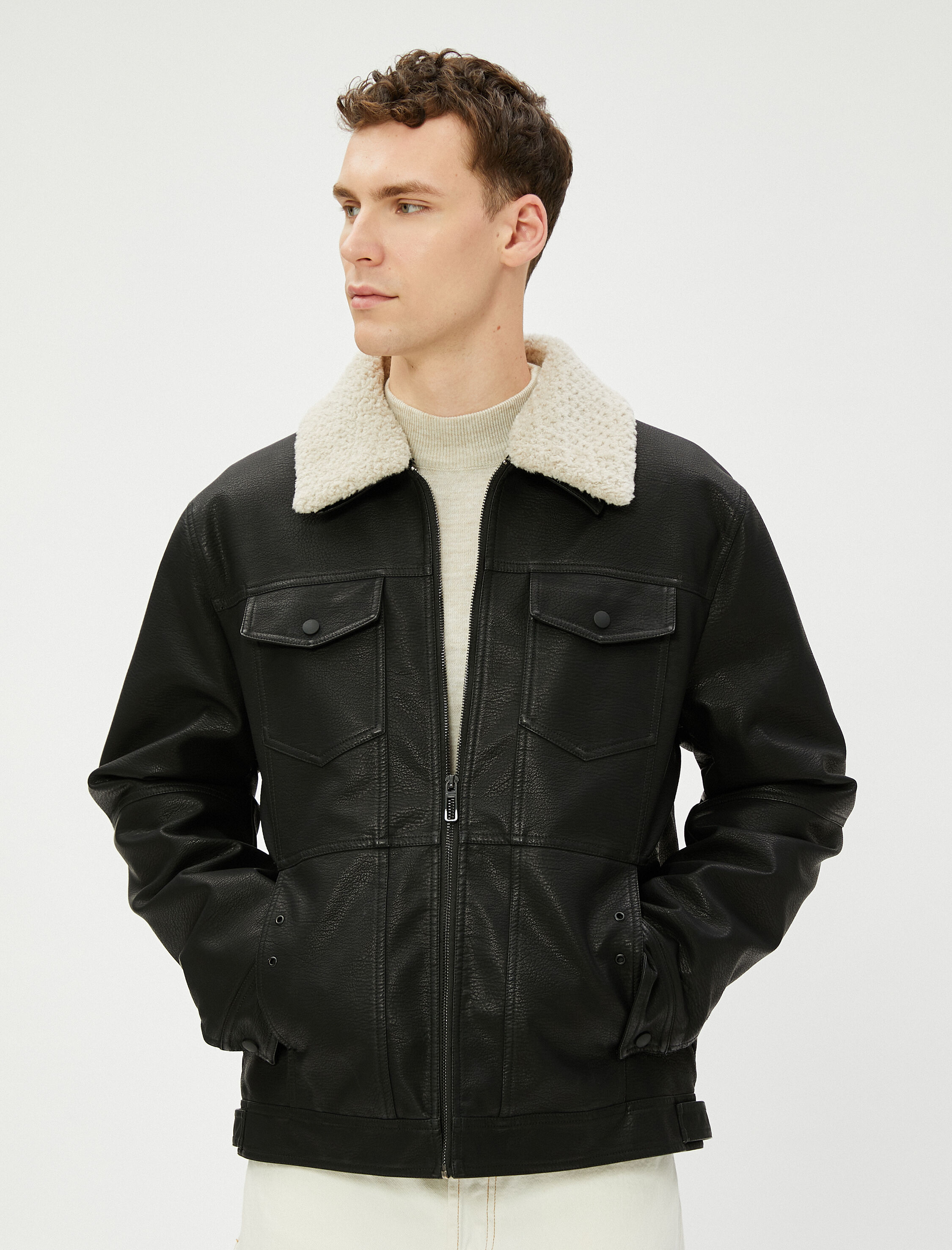   Deri Görünümlü Ceket Cepli Peluş Yaka Detaylı Fermuarlı