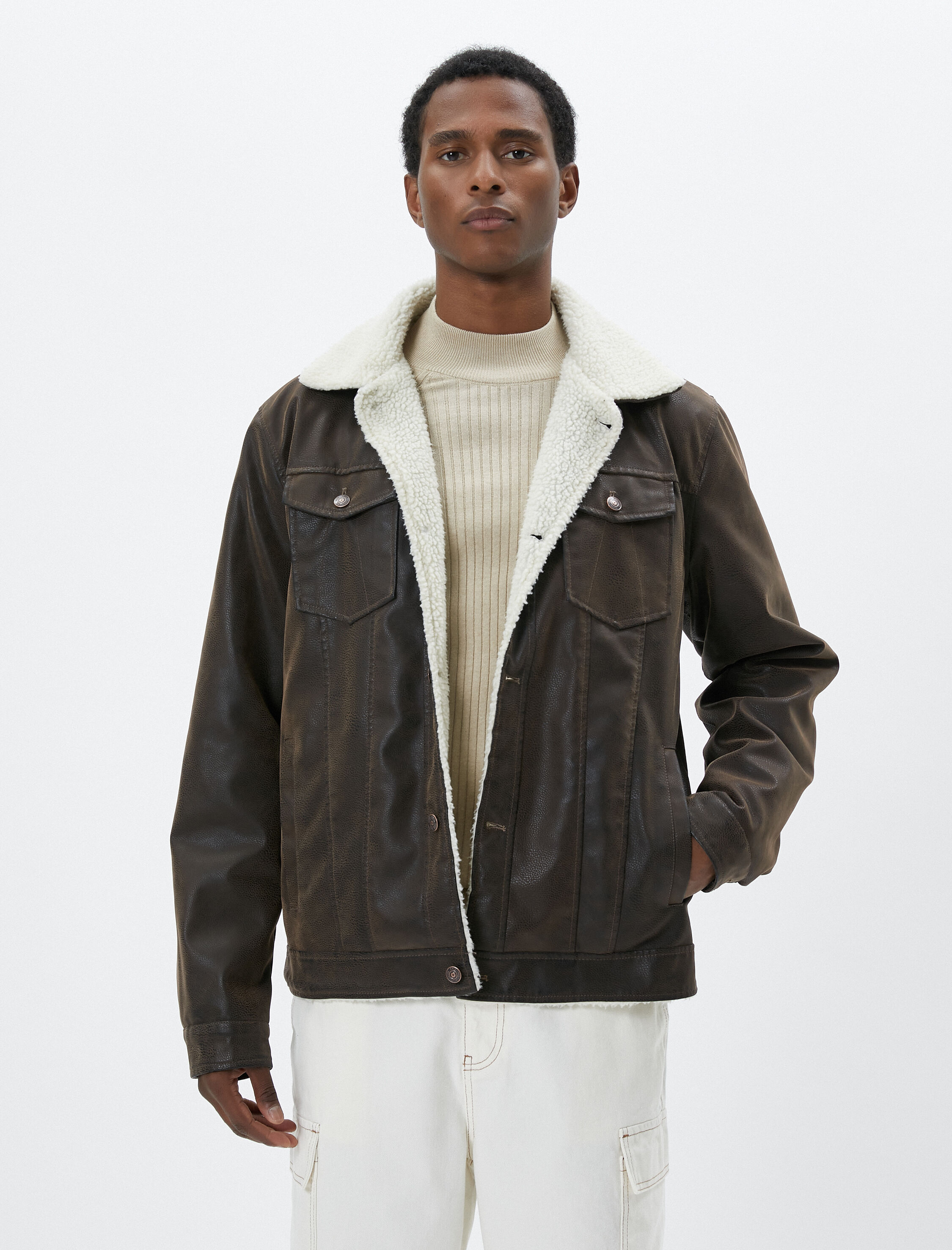   Deri Görünümlü Ceket Peluş Yakalı Cepli Düğmeli