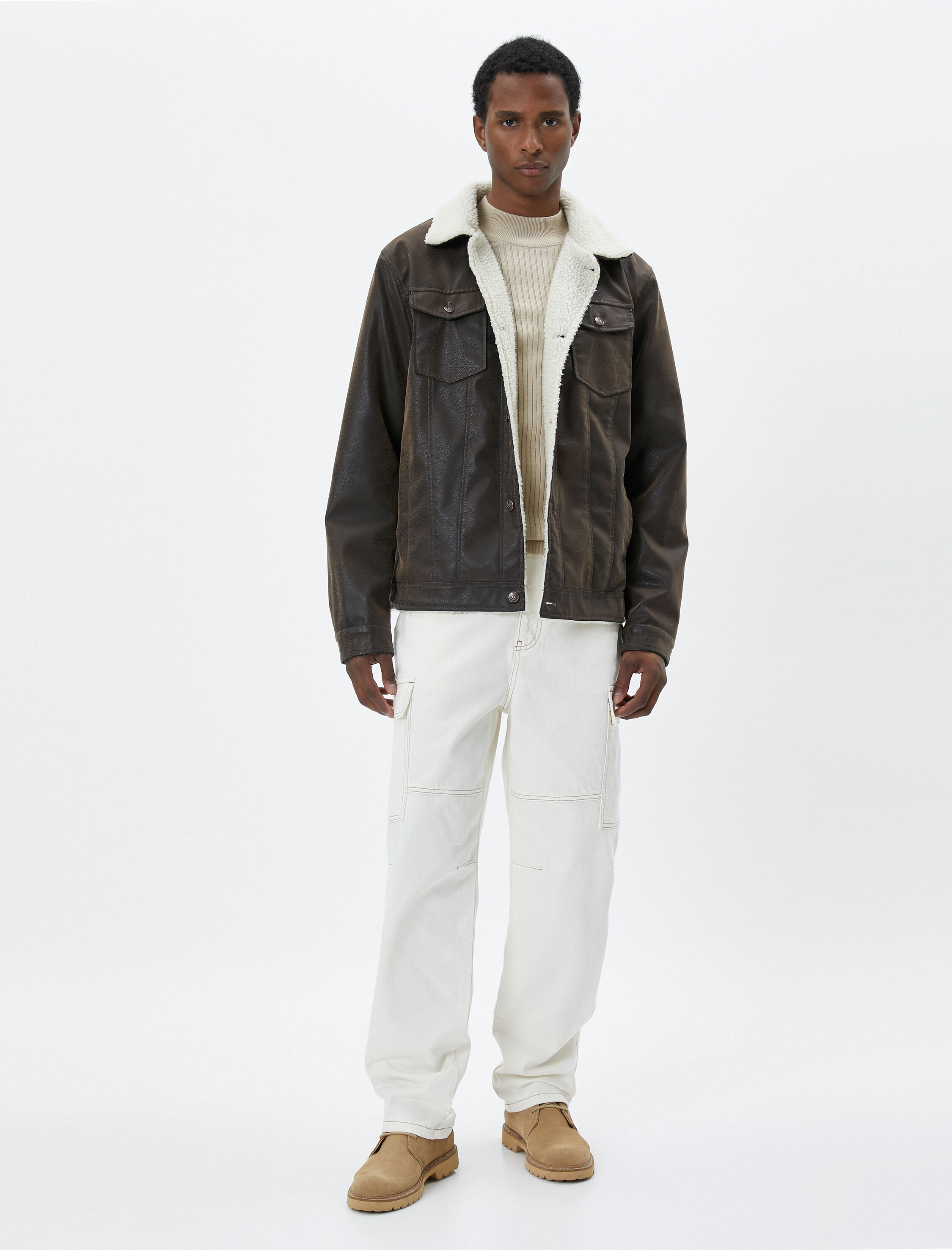   Deri Görünümlü Ceket Peluş Yakalı Cepli Düğmeli