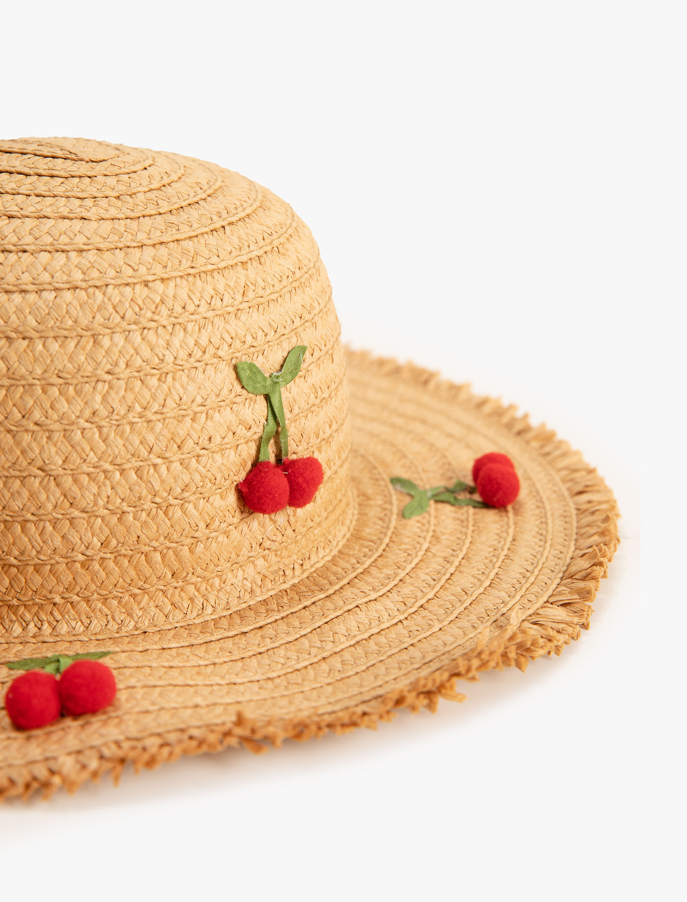  Kız Çocuk Hasır Şapka Kiraz Aplike Detaylı
