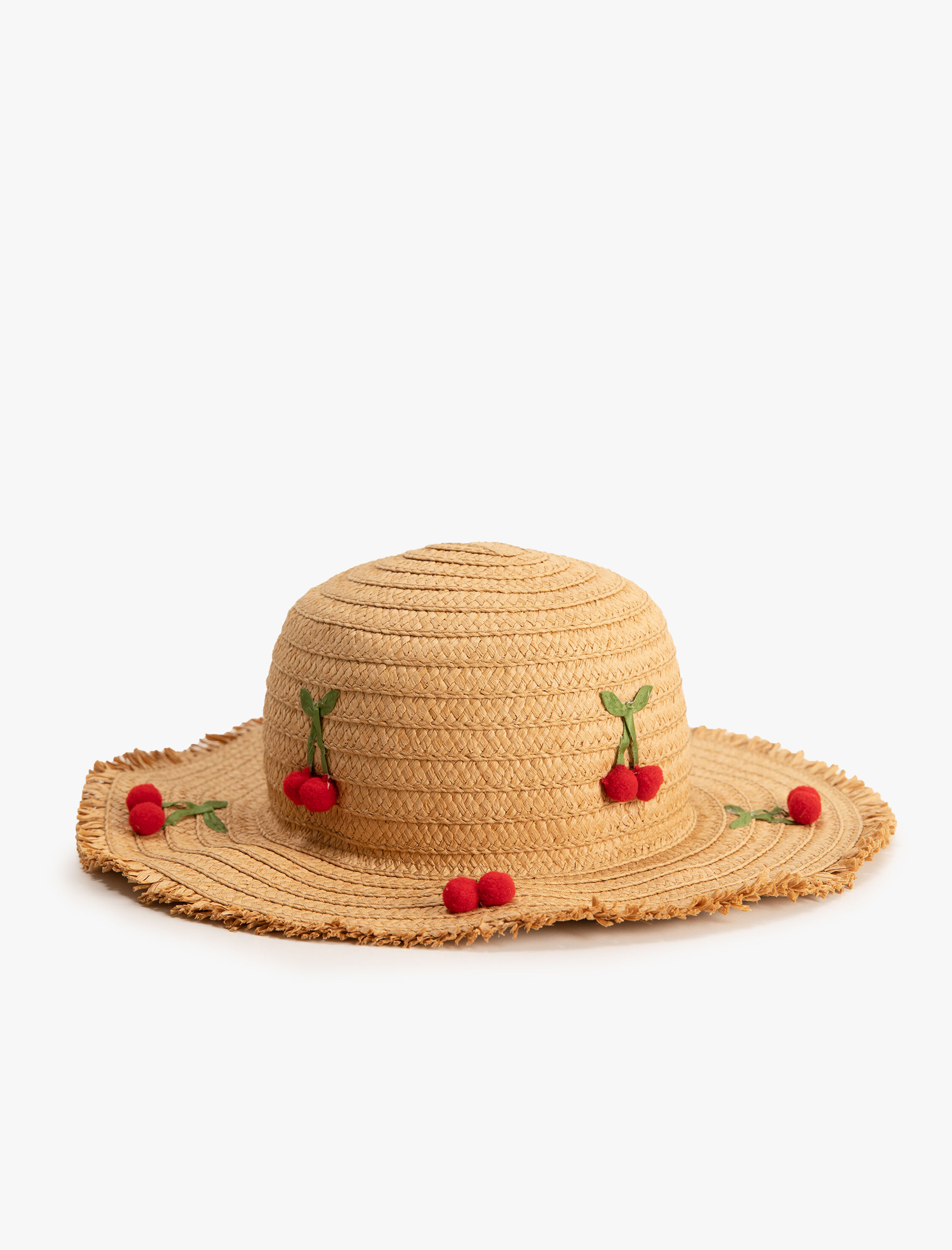  Kız Çocuk Hasır Şapka Kiraz Aplike Detaylı