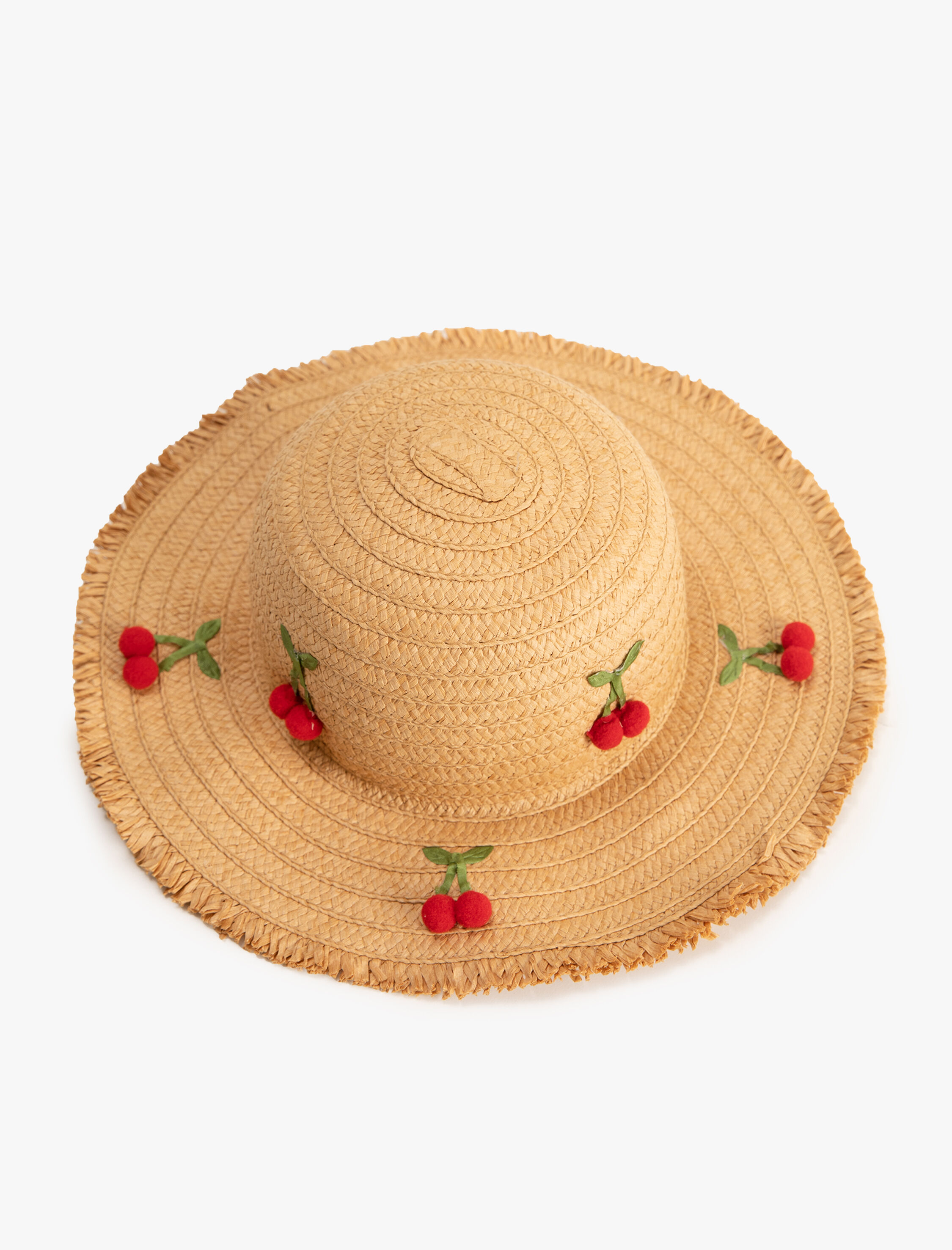  Kız Çocuk Hasır Şapka Kiraz Aplike Detaylı