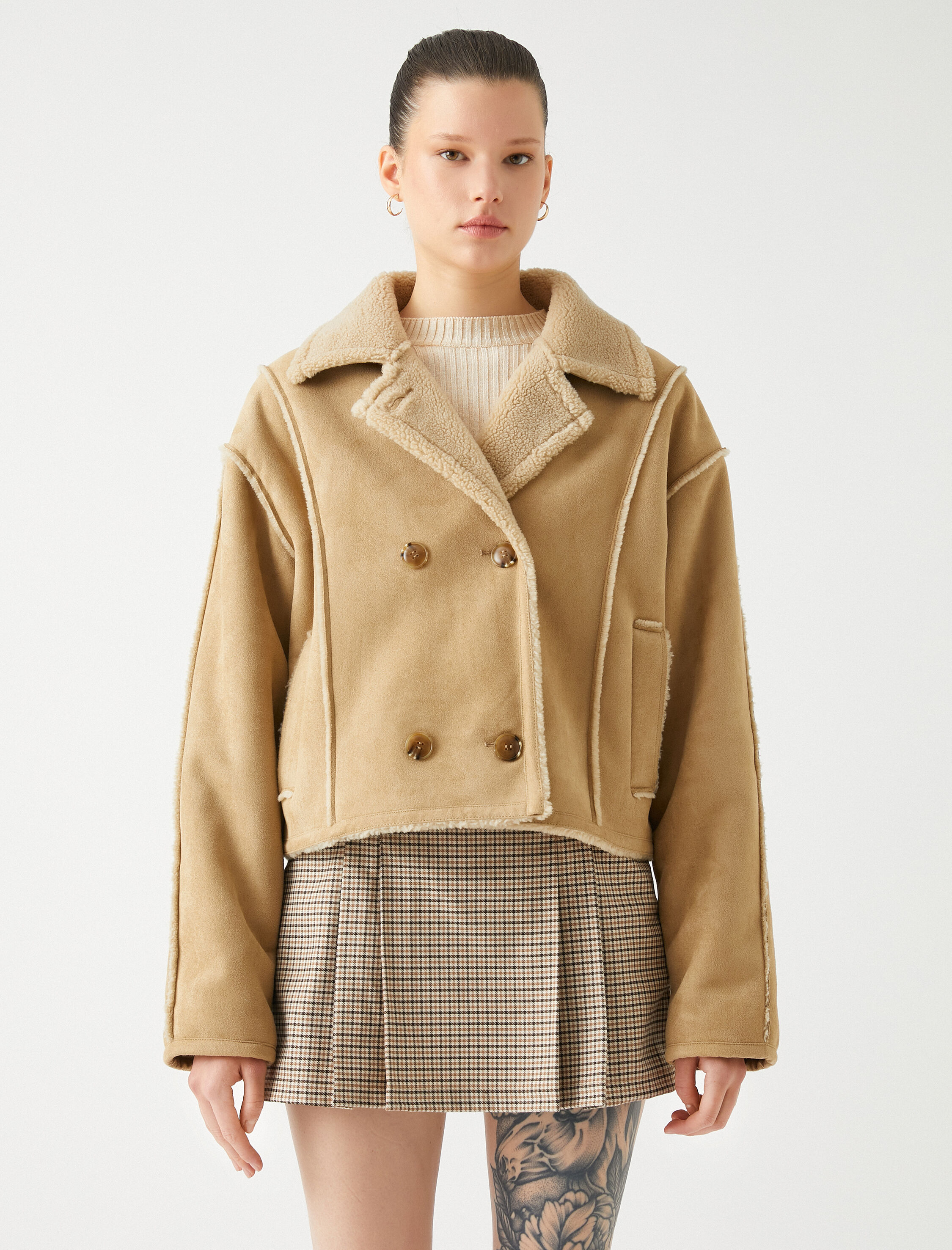   Pilot Ceket Süet Görünümlü Suni Kürk Detaylı Düğmeli