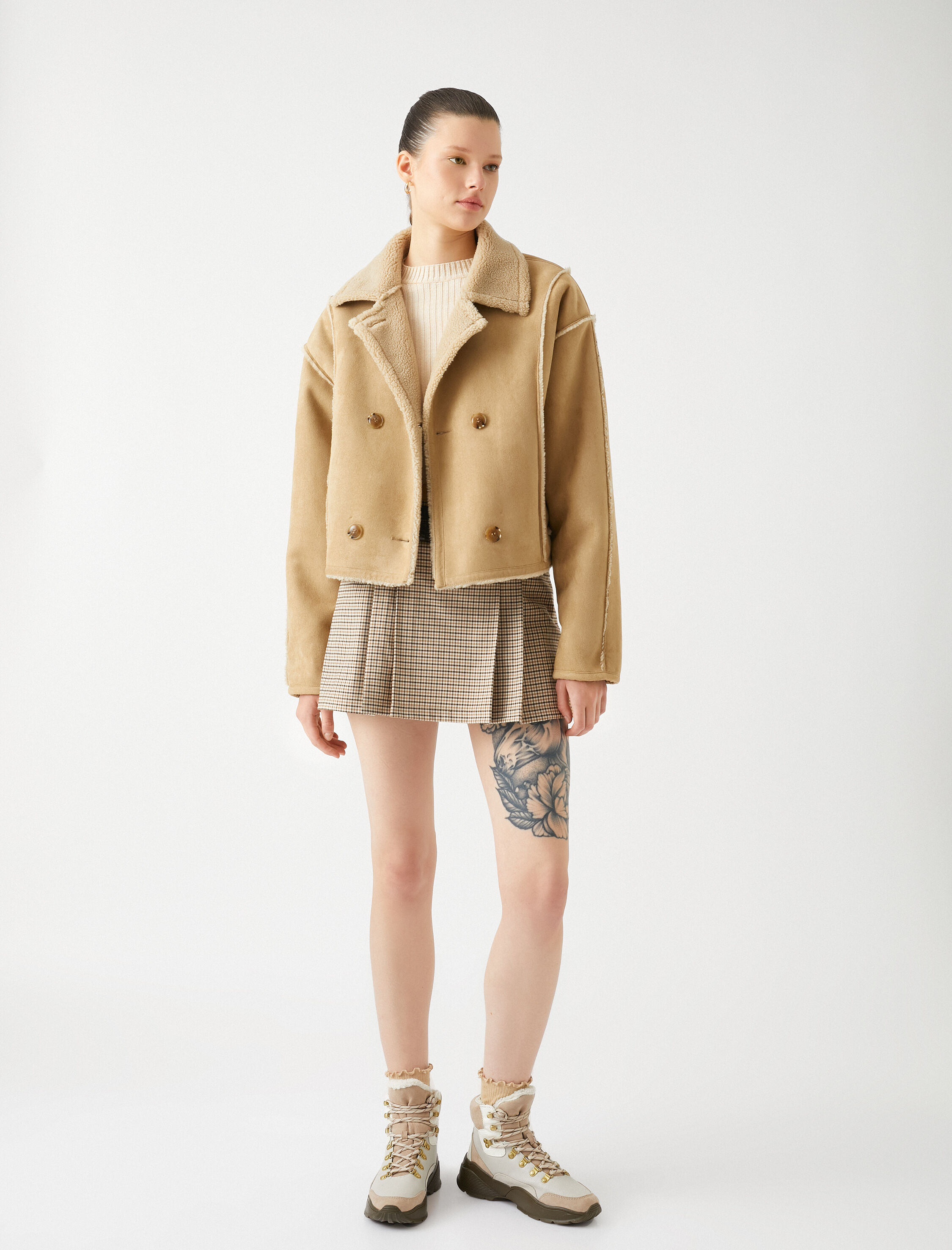   Pilot Ceket Süet Görünümlü Suni Kürk Detaylı Düğmeli