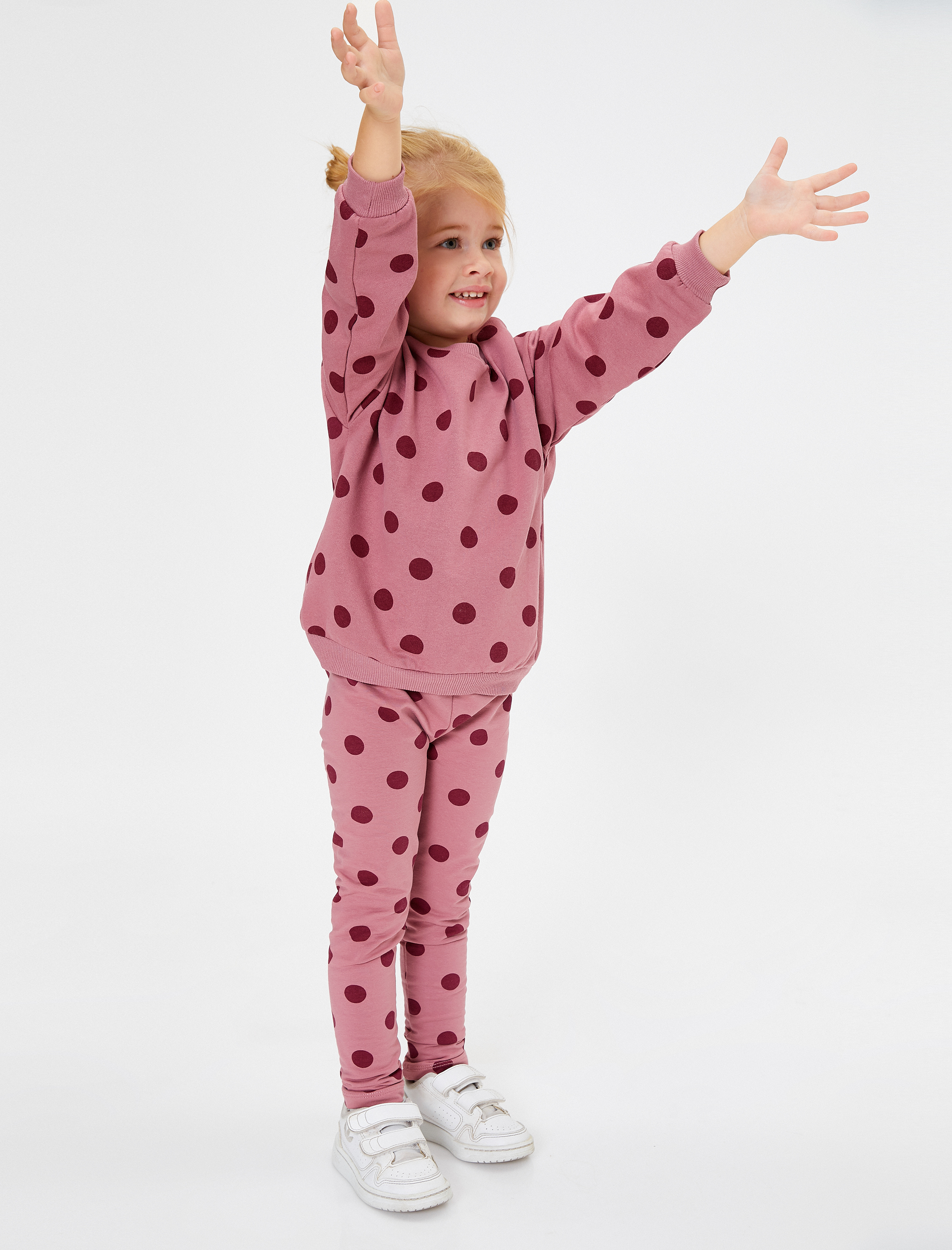  Kız Bebek Basic Sweatshirt Puantiyeli Bisiklet Yaka Uzun Kollu Pamuklu Şardonlu