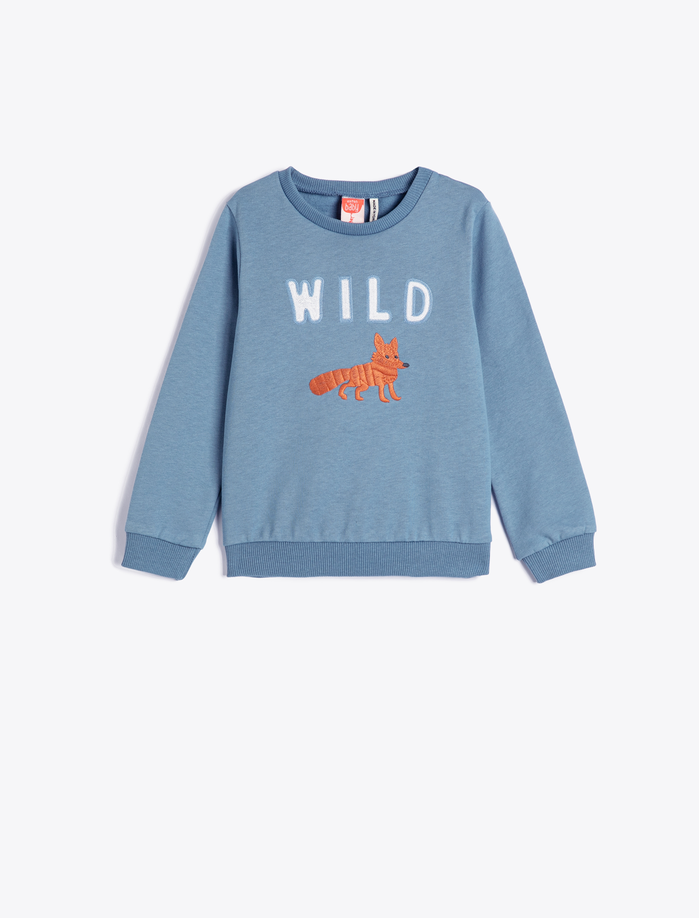 Erkek Bebek Sweatshirt Tilki İşleme Detaylı Uzun Kollu Bisiklet Yaka Pamuklu
