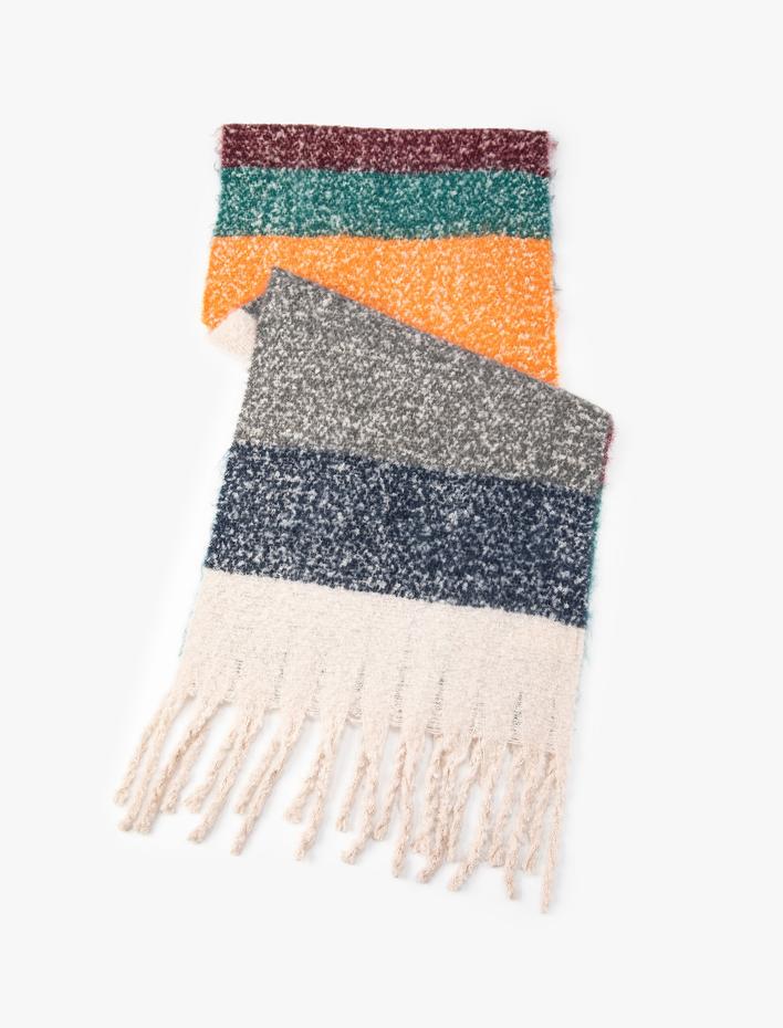 Kadın Atkı Püsküllü Yumuşak Dokulu Renk Bloklu