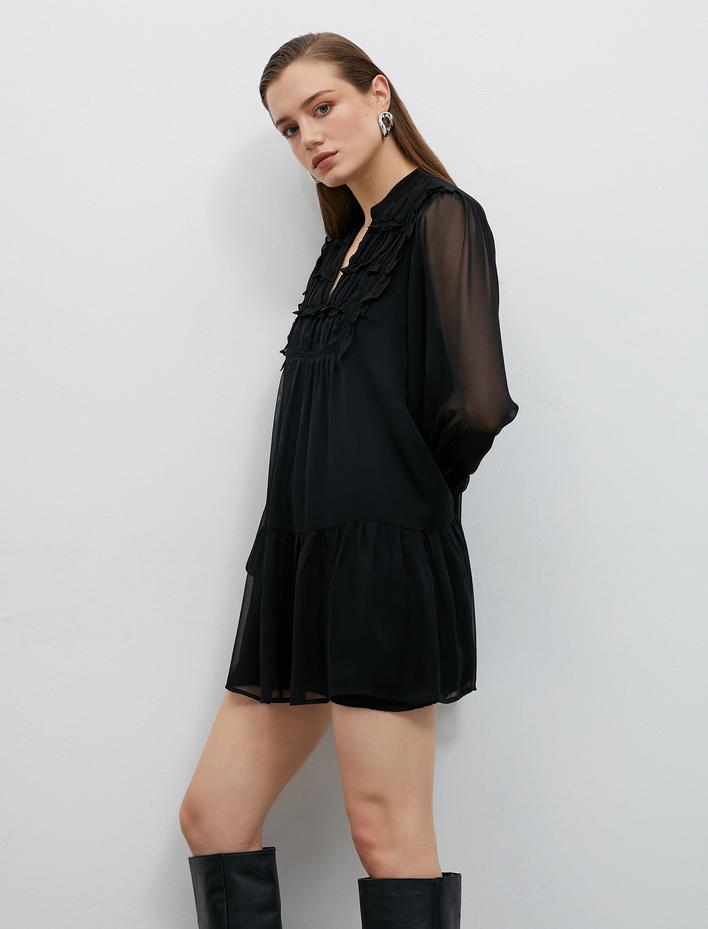  Mini Fırfırlı Şifon Elbise Katlı