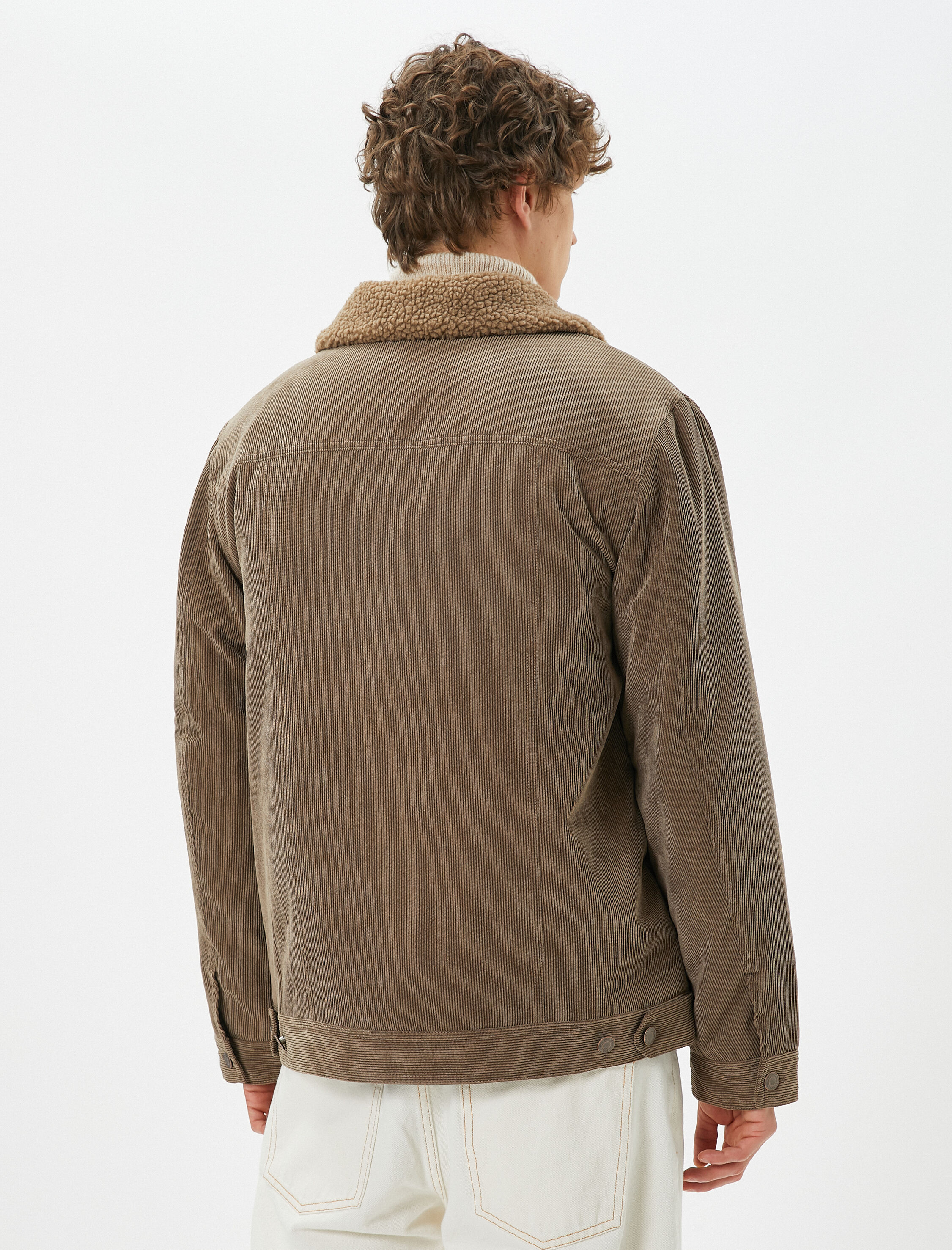   Kadife Görünümlü Ceket Peluş Yaka Detaylı Çift Cepli Düğmeli