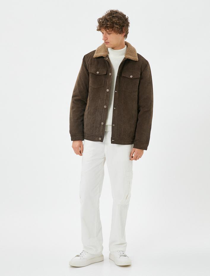  Kadife Görünümlü Ceket Peluş Yaka Detaylı Çift Cepli Düğmeli