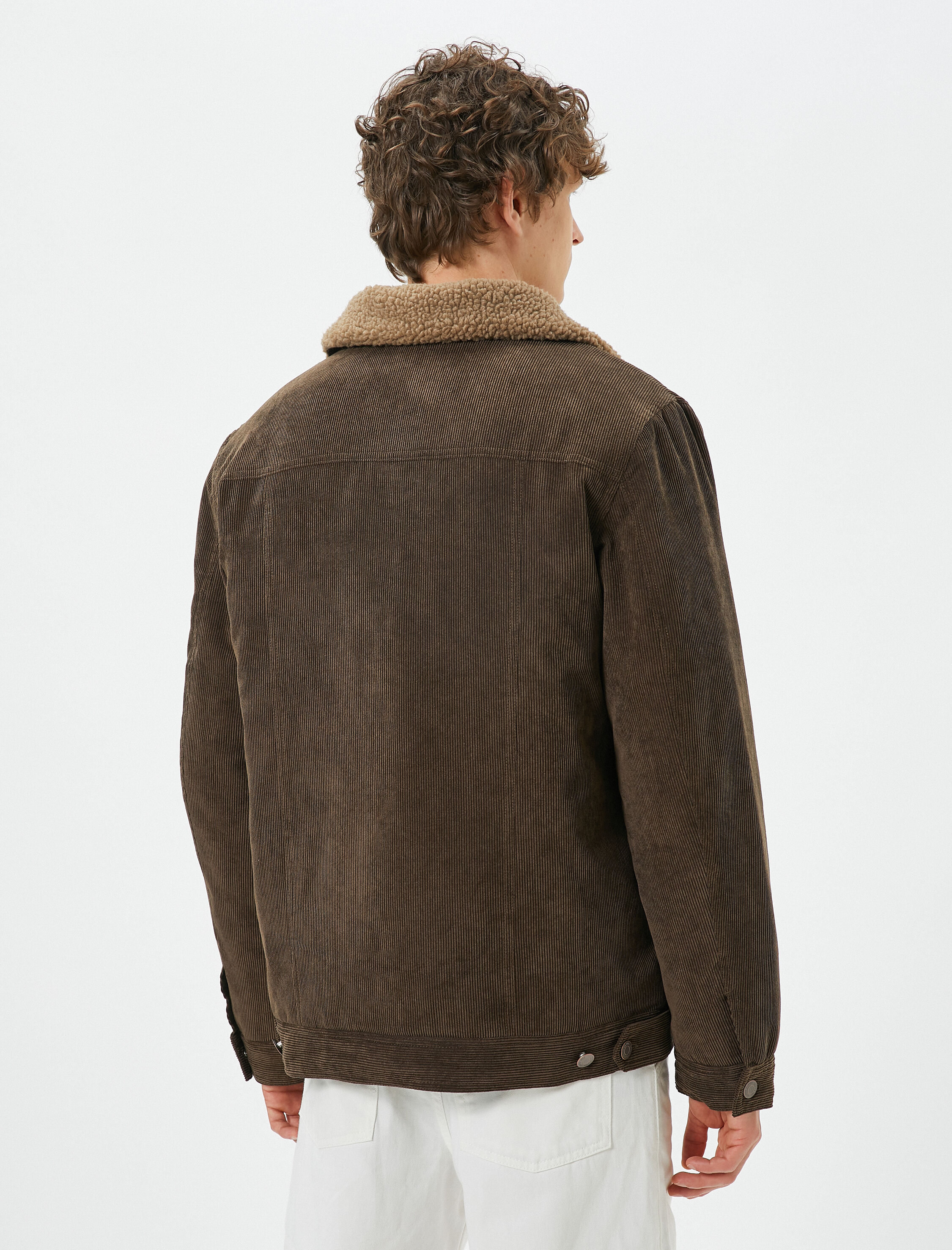   Kadife Görünümlü Ceket Peluş Yaka Detaylı Çift Cepli Düğmeli