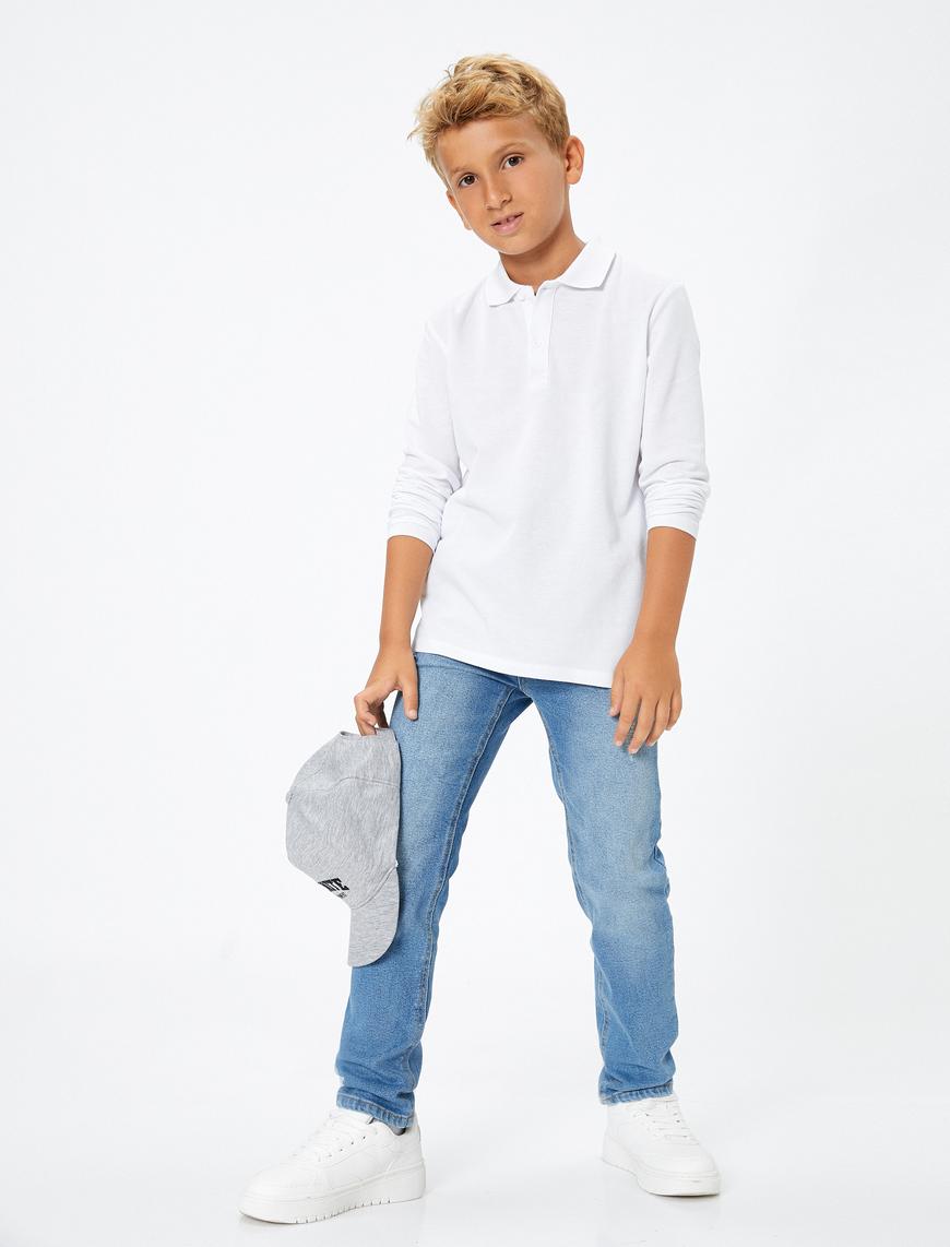  Erkek Çocuk Kot Pantolon Beli Ayarlanabilir Lastikli Dar Paça Cepli Pamuklu - Slim Jean