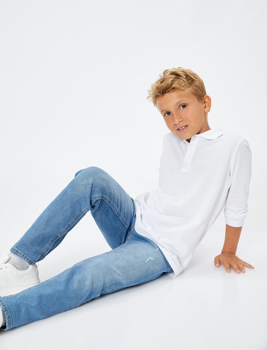  Erkek Çocuk Kot Pantolon Beli Ayarlanabilir Lastikli Dar Paça Cepli Pamuklu - Slim Jean