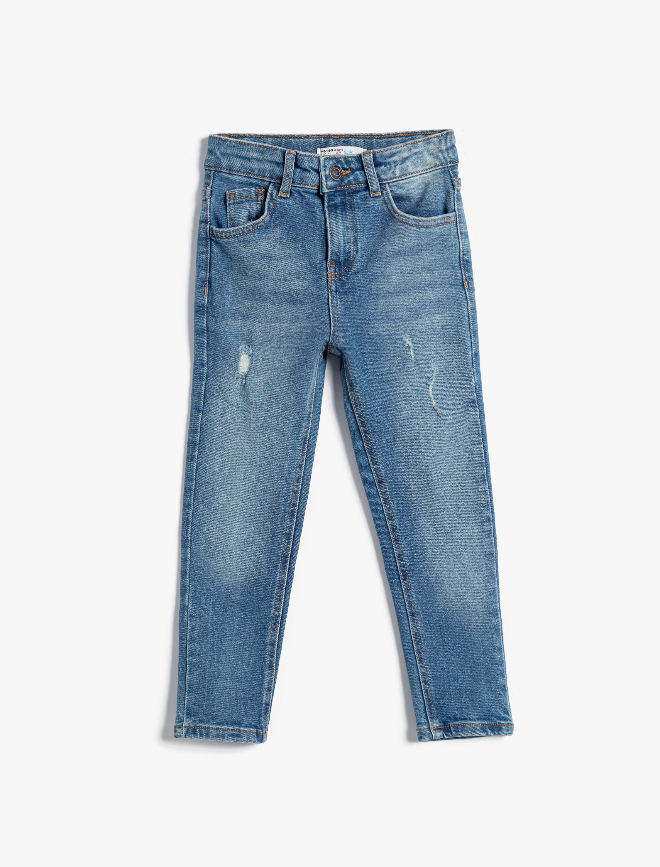  Erkek Çocuk Kot Pantolon Beli Ayarlanabilir Lastikli Dar Paça Cepli Pamuklu - Slim Jean