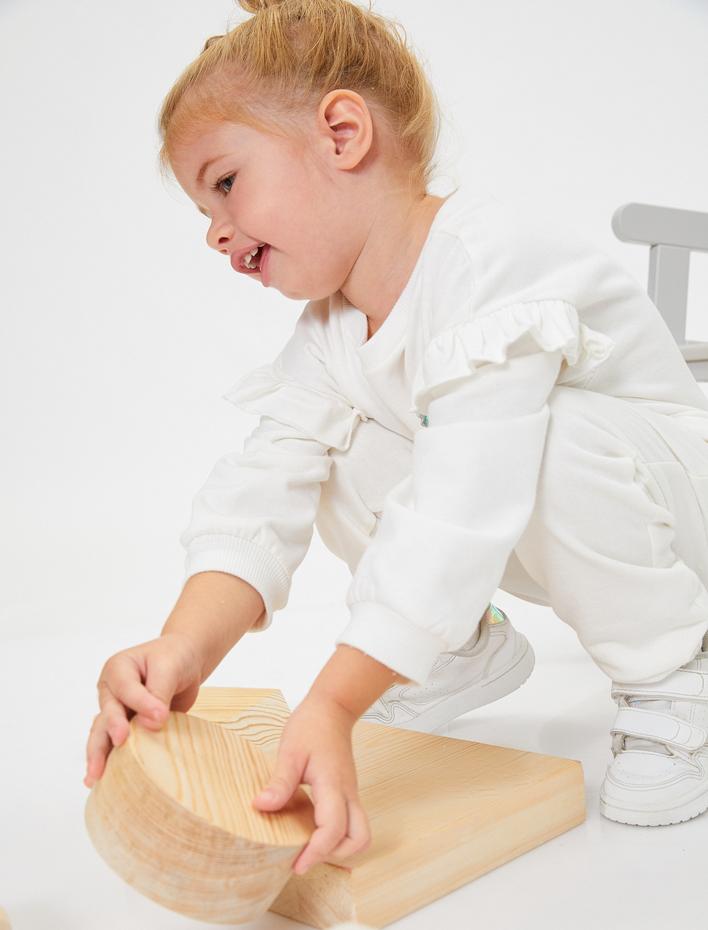 Kız Bebek Jogger Eşofman Altı Beli Lastikli Cepli Fırfır Detaylı Pamuklu Şardonlu