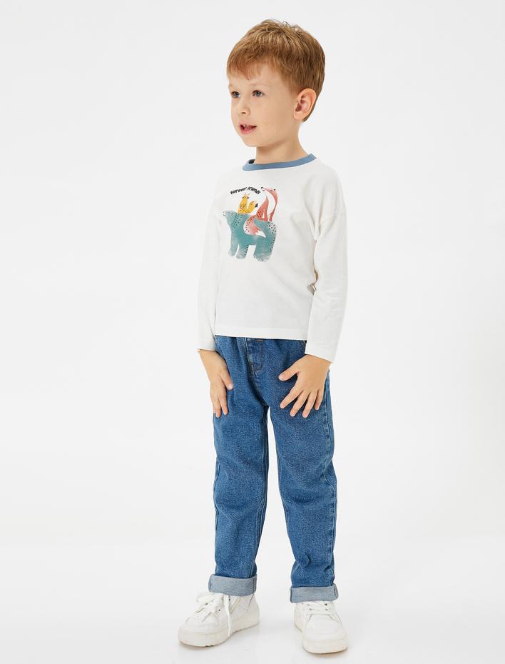 Erkek Bebek Baskılı Tişört Uzun Kollu Bisiklet Yaka Pamuklu