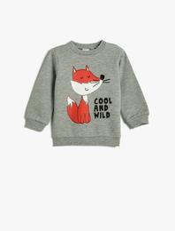 Sweatshirt Grafik Tilki Baskılı Şardonlu Bisiklet Yaka