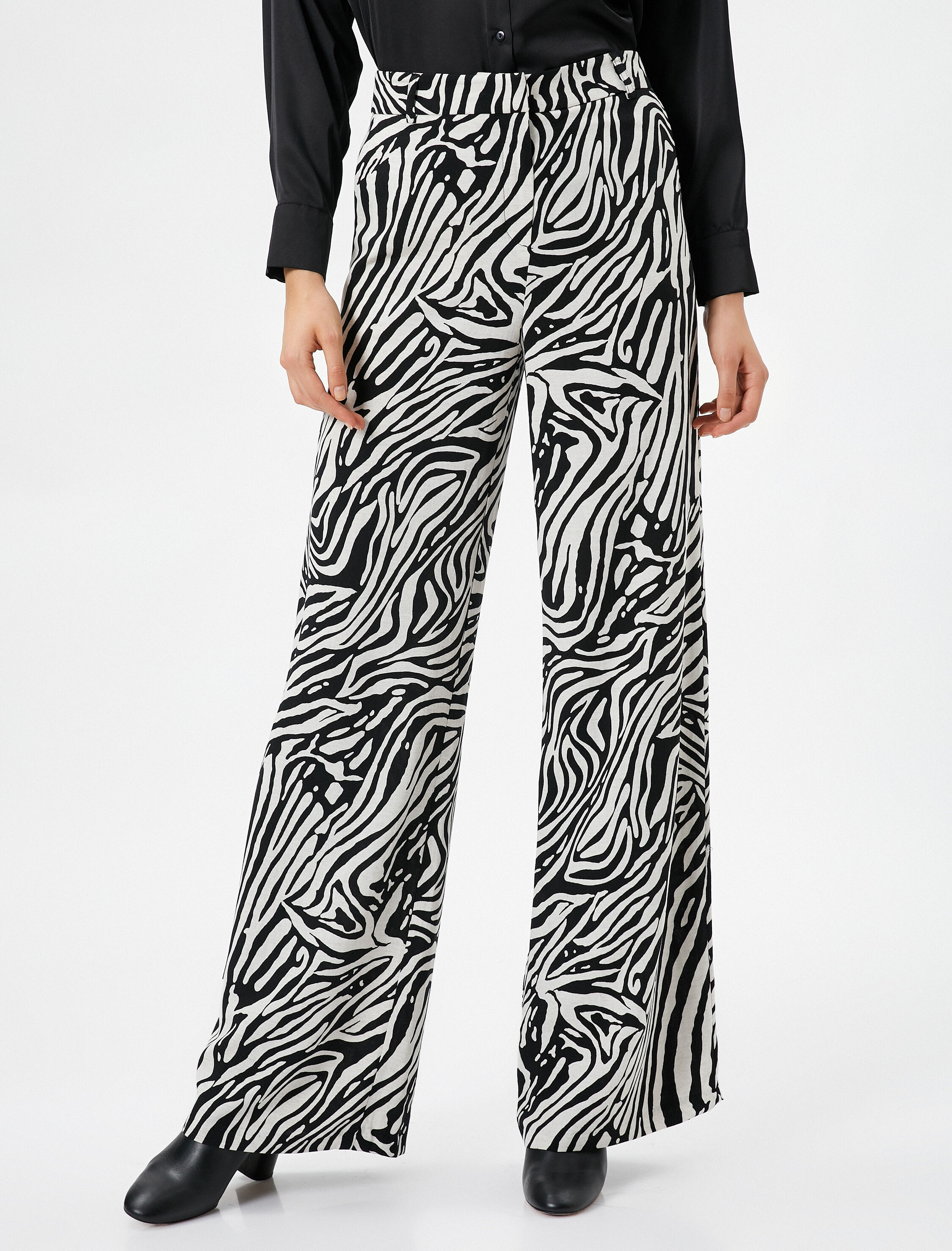   Bol Paça Pantolon Zebra Desenli Yüksek Bel Fermuarlı Viskon Karışımlı