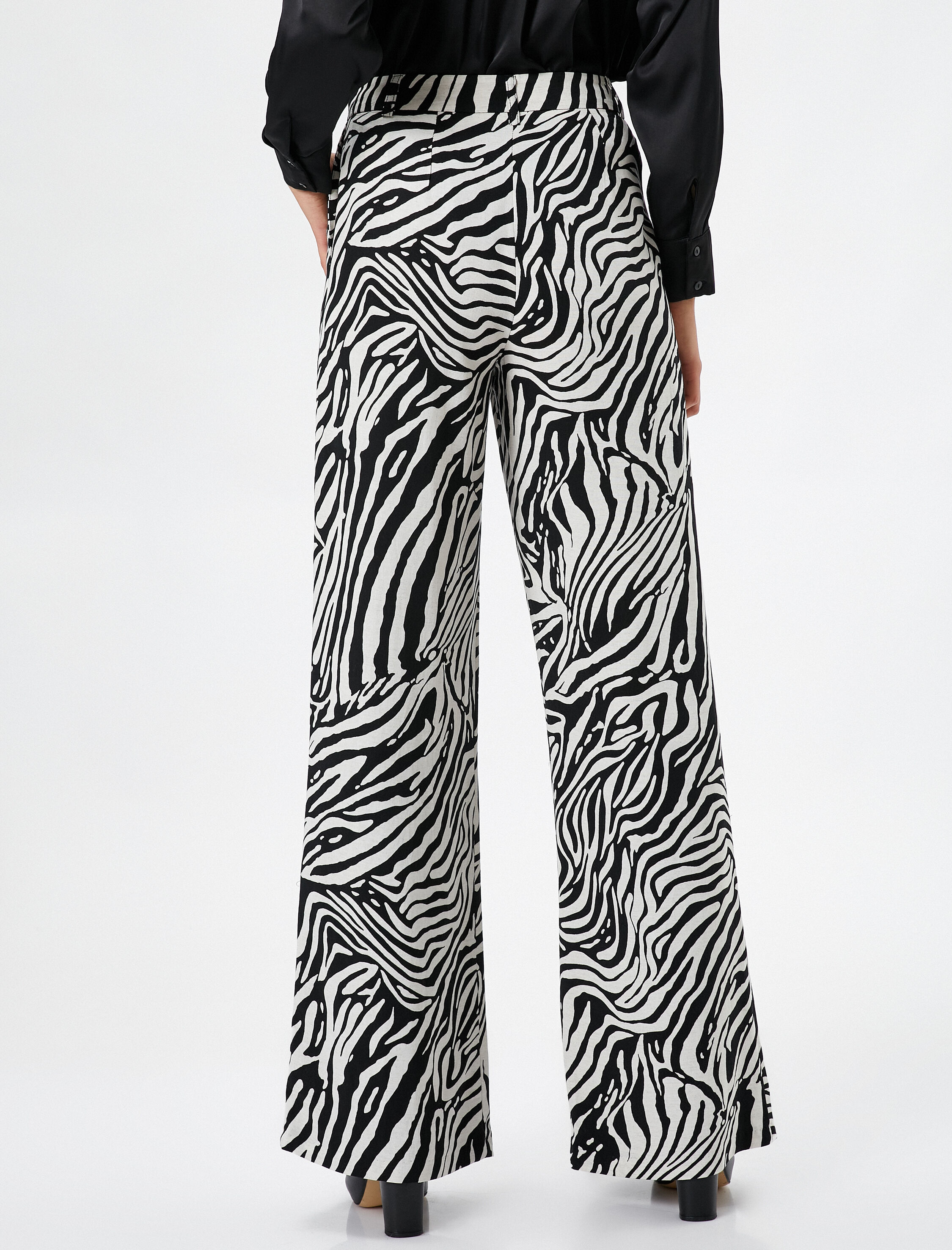   Bol Paça Pantolon Zebra Desenli Yüksek Bel Fermuarlı Viskon Karışımlı